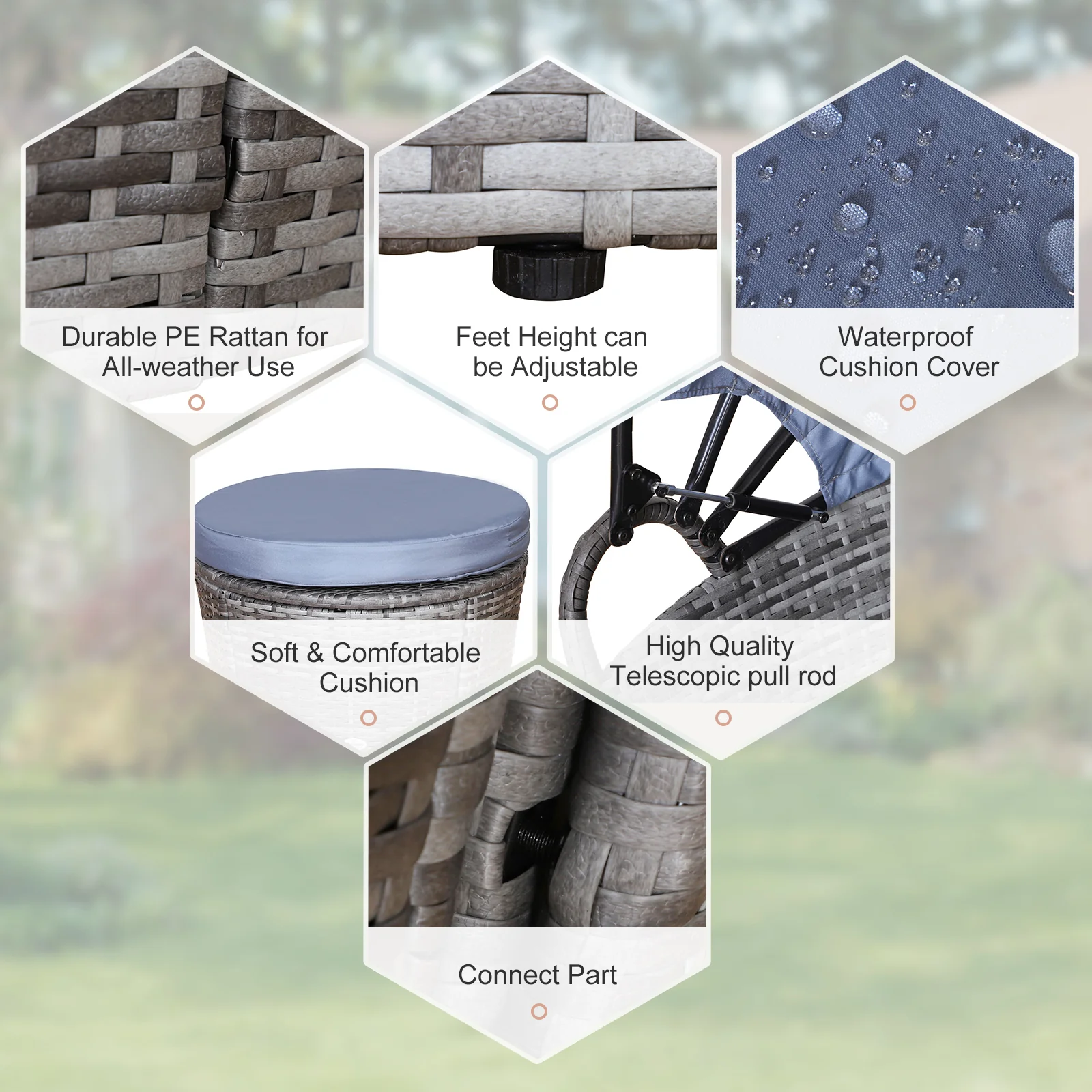 Round PE Rattan Daybed Set with Retractable Canopy, Table & Pillows, Grey/Blue Grey - Image 6