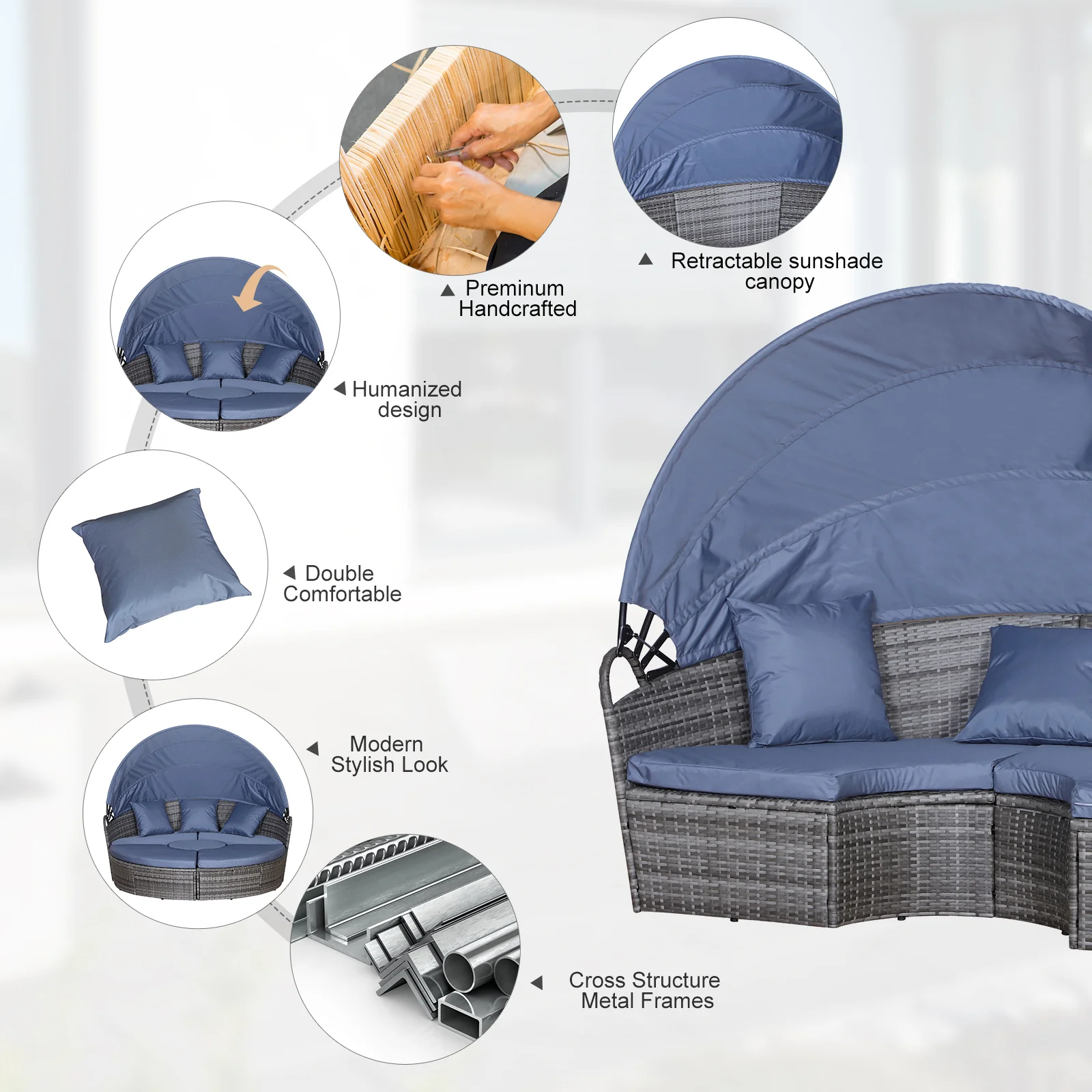 Round PE Rattan Daybed Set with Retractable Canopy, Table & Pillows, Grey/Blue Grey - Image 7