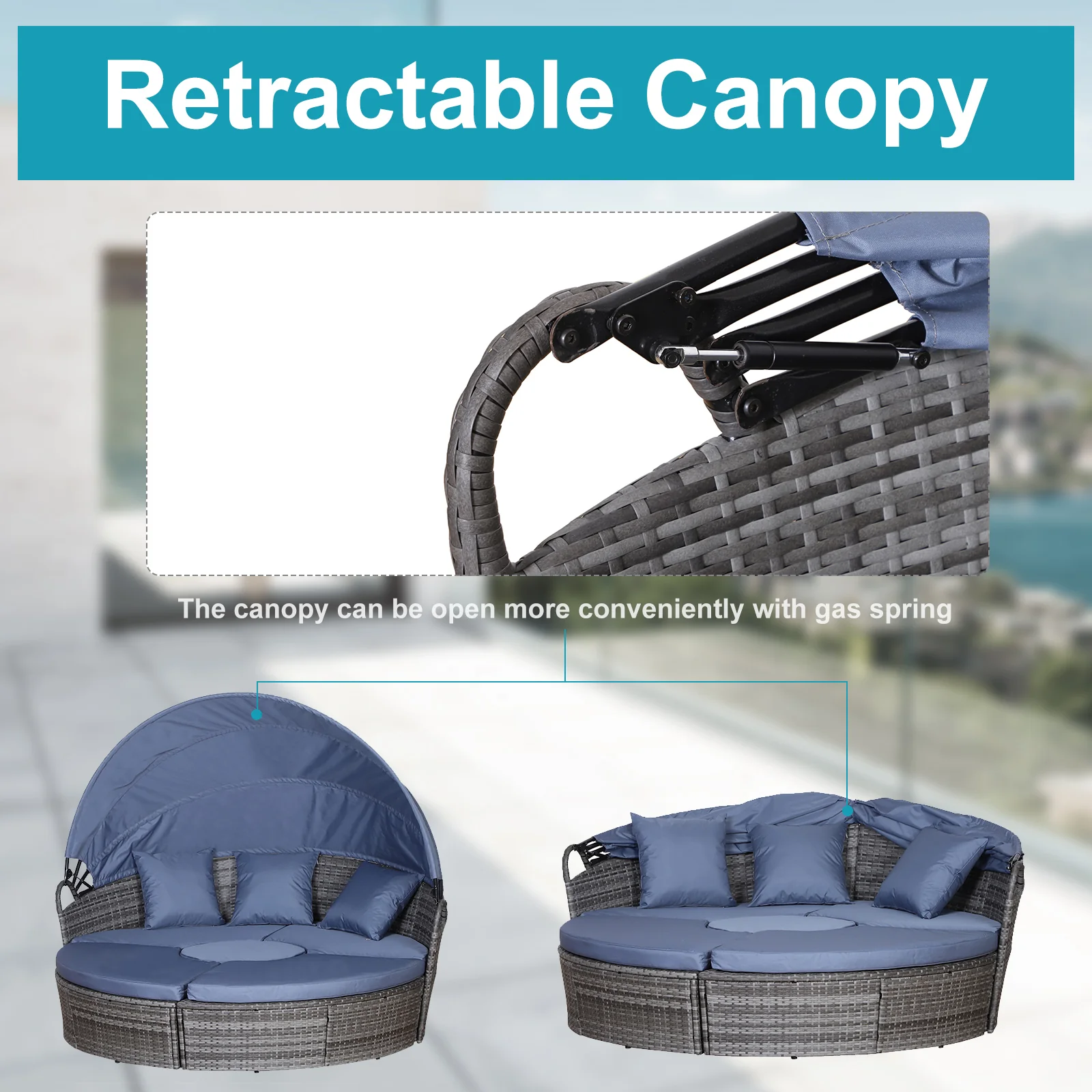 Round PE Rattan Daybed Set with Retractable Canopy, Table & Pillows, Grey/Blue Grey - Image 8