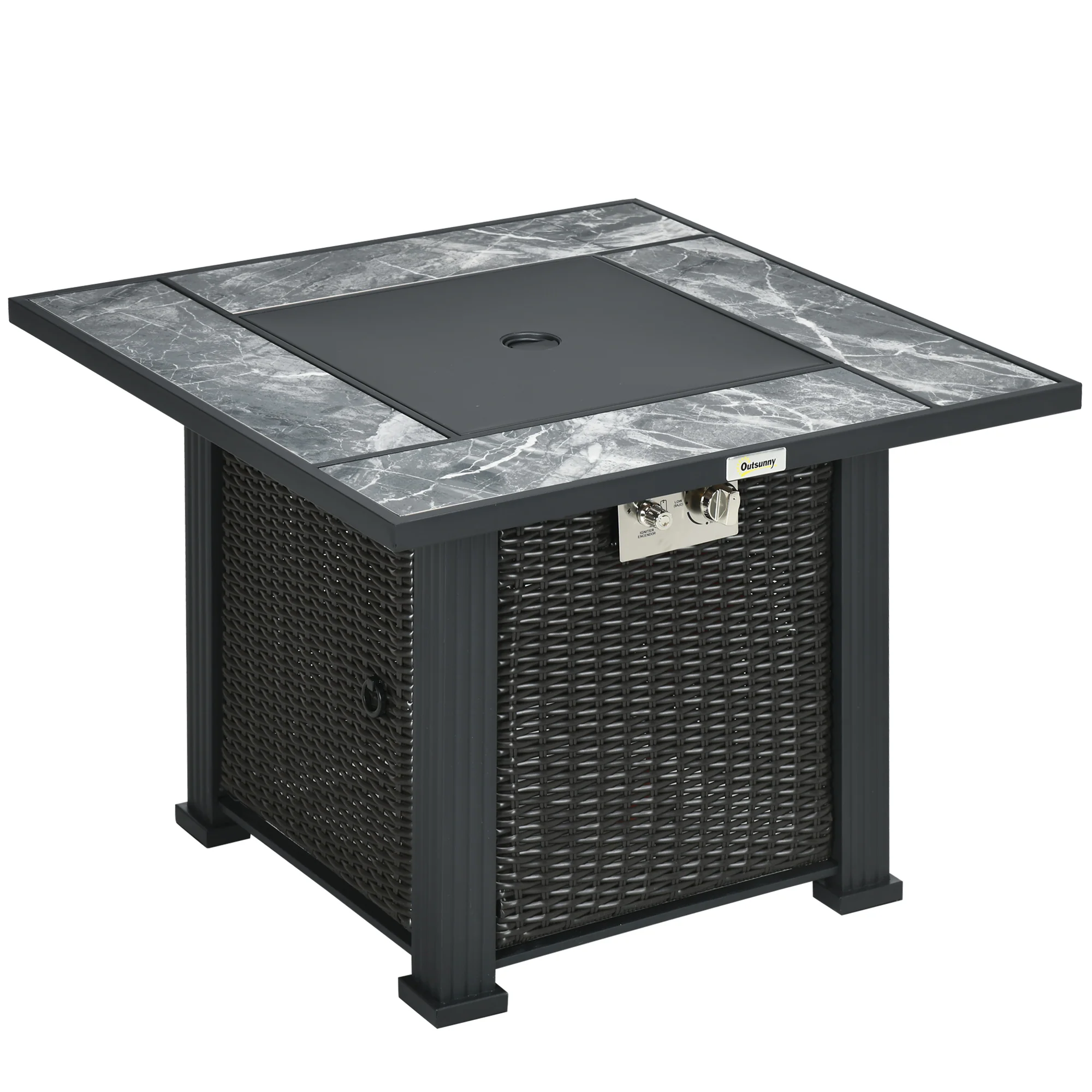50,000 BTU Rattan Fire Pit Table with Rain Cover, Marble Desktop & Glass Windscreen, Black - Image 12