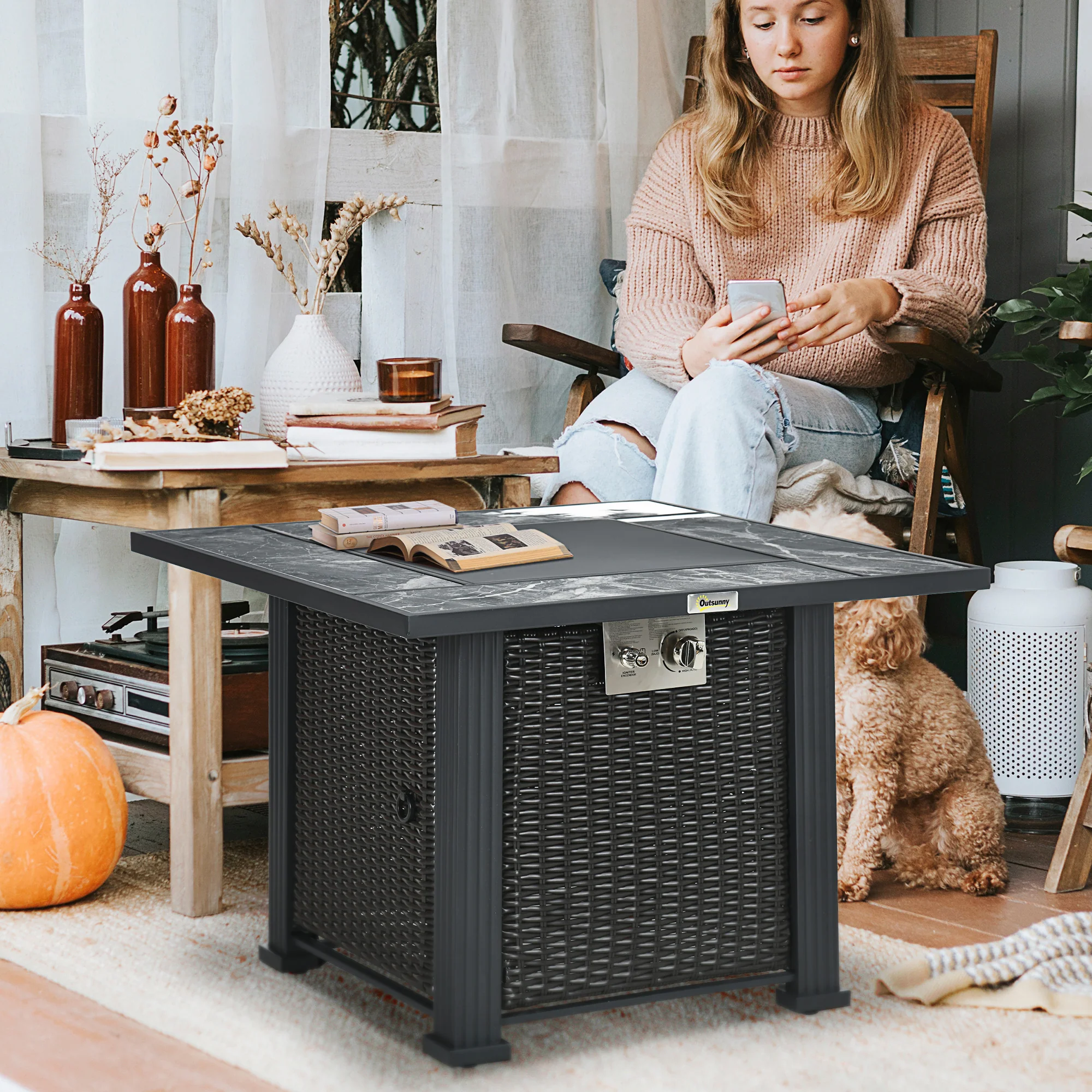 50,000 BTU Rattan Fire Pit Table with Rain Cover, Marble Desktop & Glass Windscreen, Black - Image 4