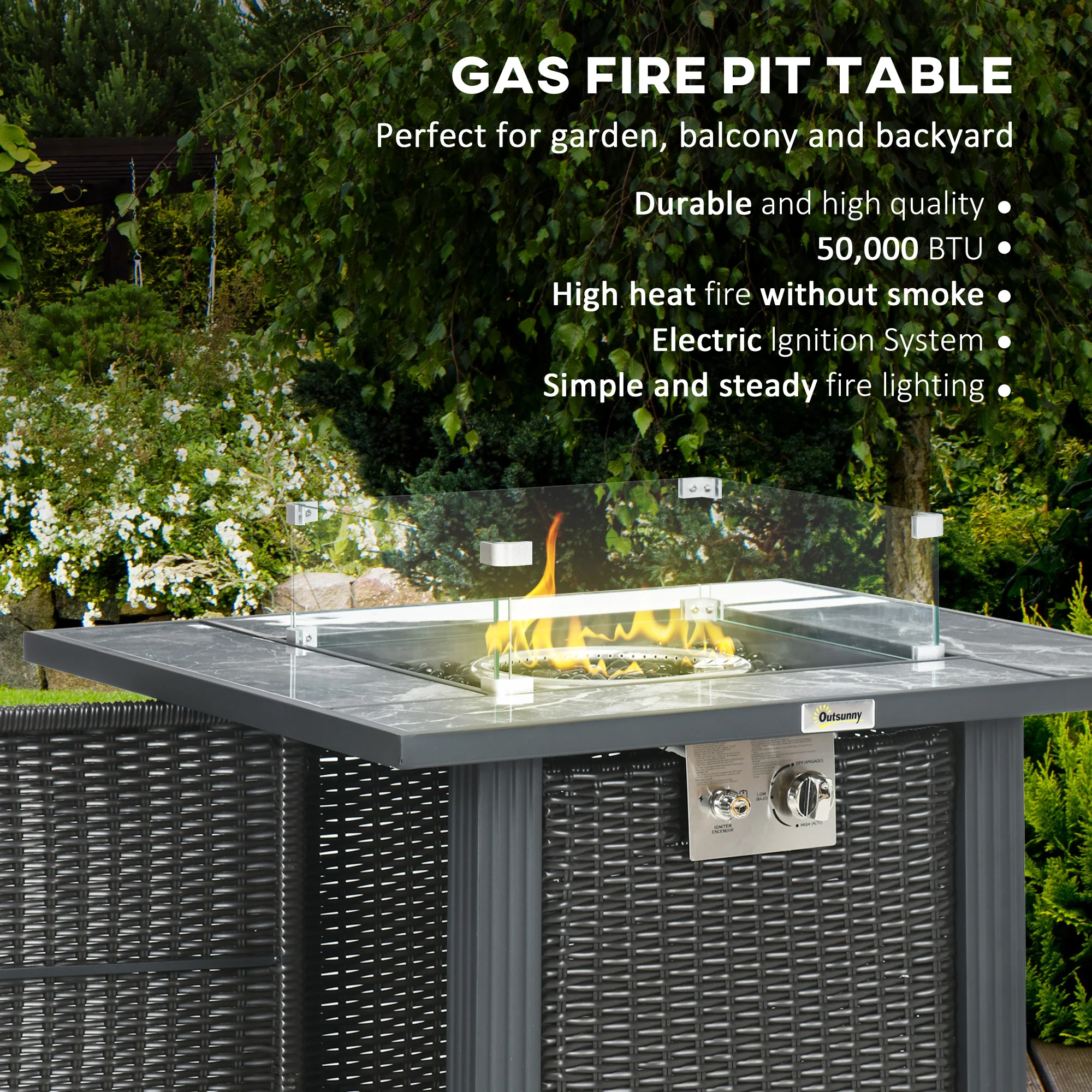 50,000 BTU Rattan Fire Pit Table with Rain Cover, Marble Desktop & Glass Windscreen, Black - Image 6