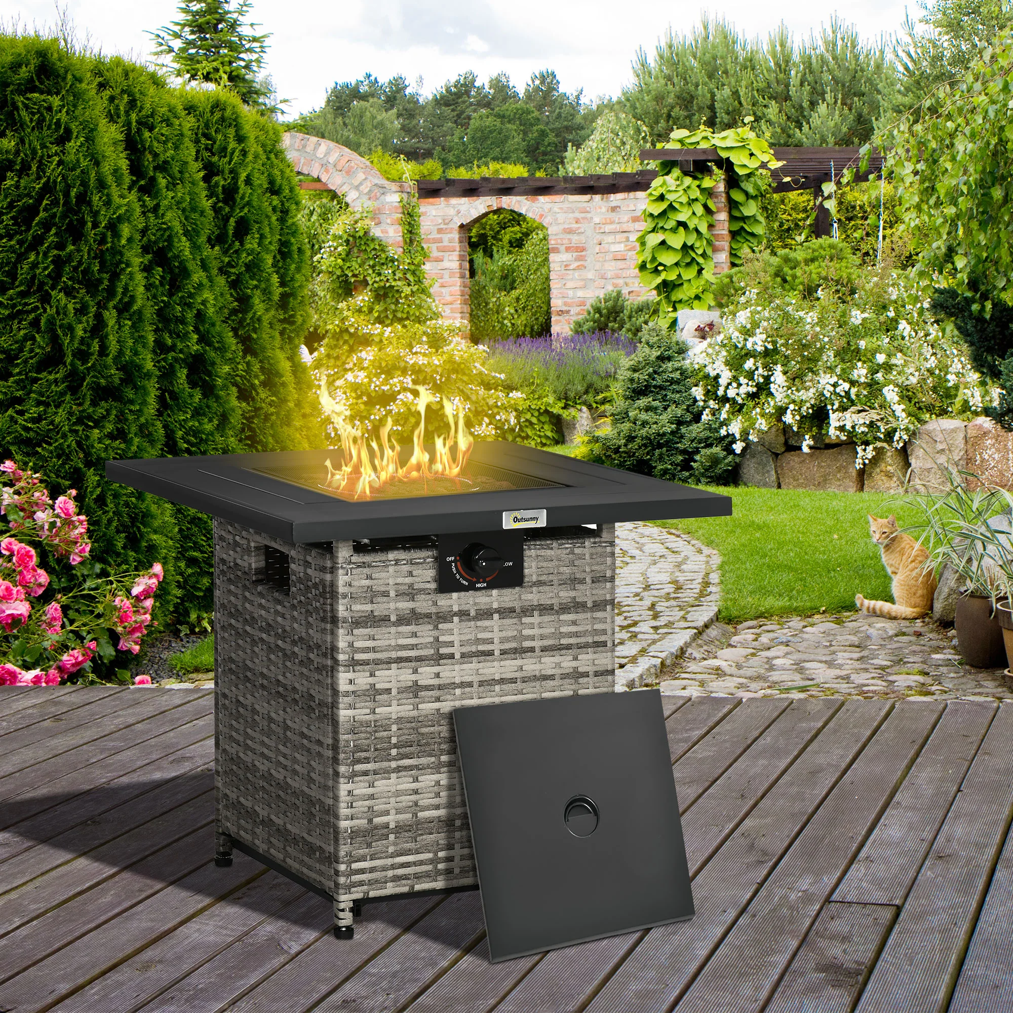 40,000 BTU Rattan Gas Fire Pit Table with Rain Cover, Mesh Lid and Lava Stone, Mixed Grey - Image 4