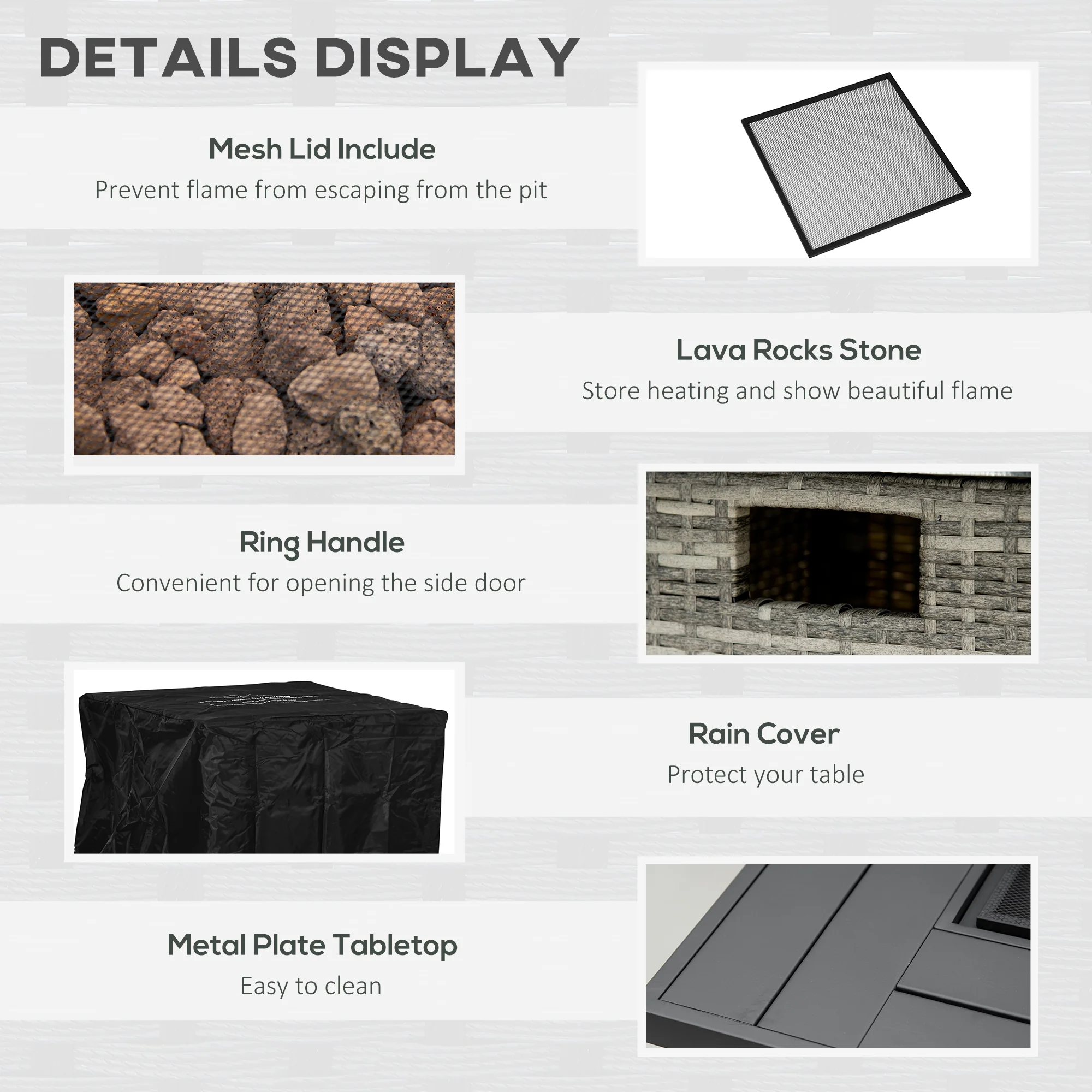 40,000 BTU Rattan Gas Fire Pit Table with Rain Cover, Mesh Lid and Lava Stone, Mixed Grey - Image 8