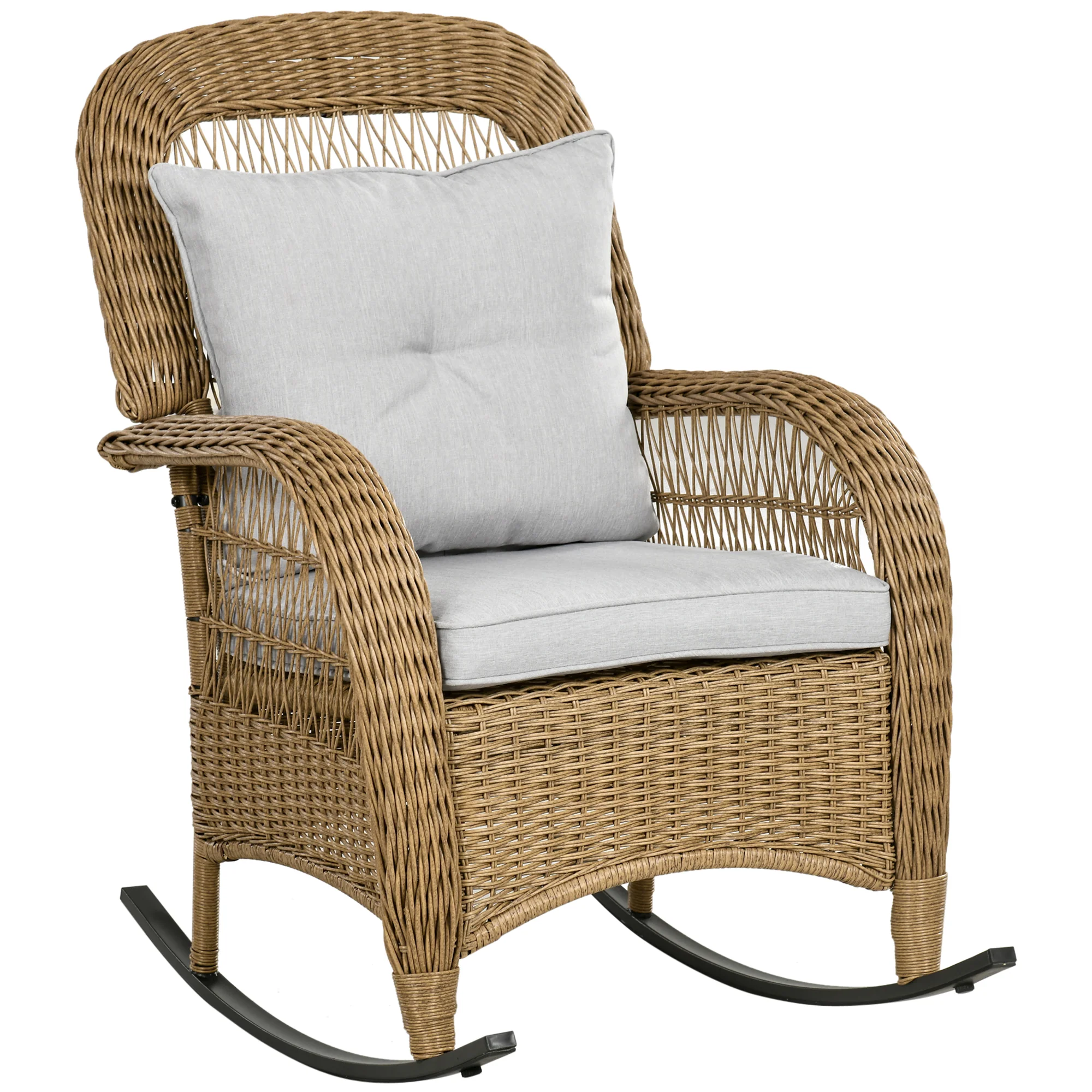 Outdoor PE Rattan Rocking Chair w/ Cushion & Armrest, Garden Porch Furniture, Light Grey - Image 12