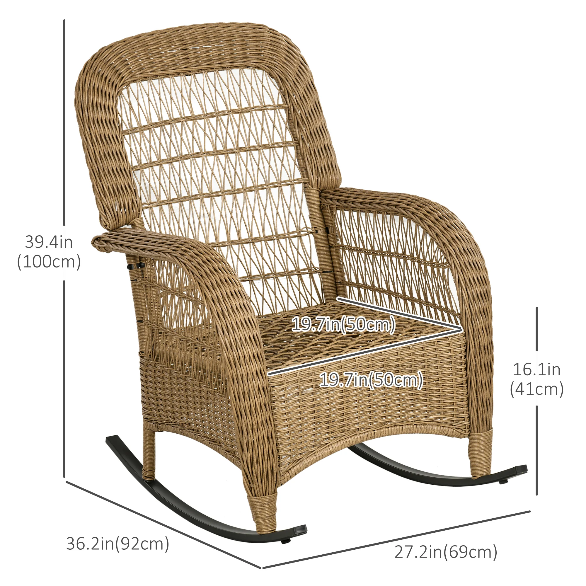 Outdoor PE Rattan Rocking Chair w/ Cushion & Armrest, Garden Porch Furniture, Light Grey - Image 5