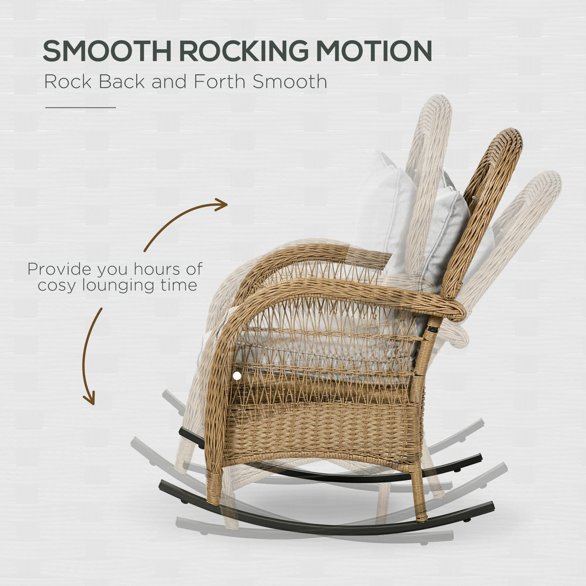 Outdoor PE Rattan Rocking Chair w/ Cushion & Armrest, Garden Porch Furniture, Light Grey - Image 7