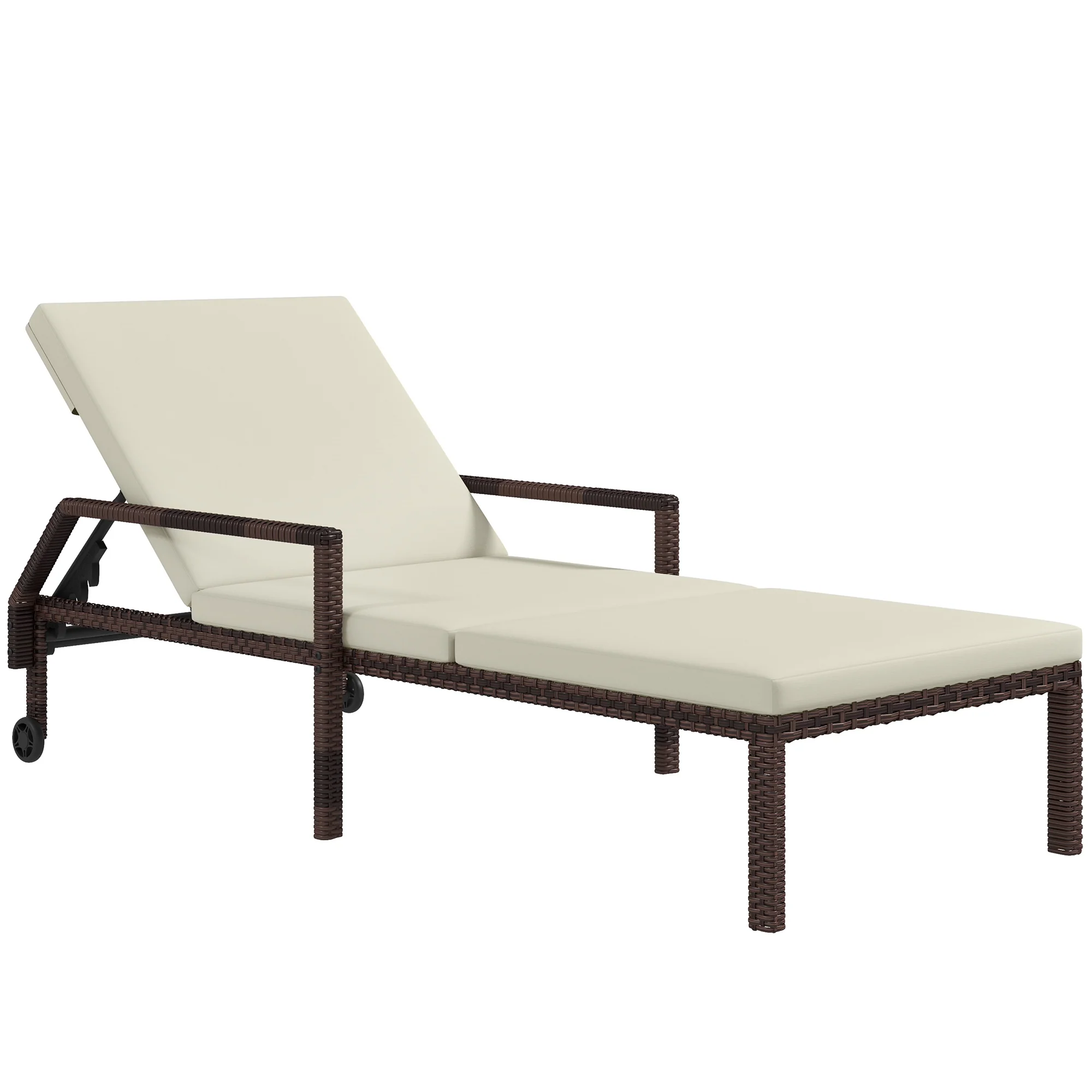 PE Rattan Sun Lounger, 5-Level Adjustable Backrest Recliner with 2 Wheels, Cream White