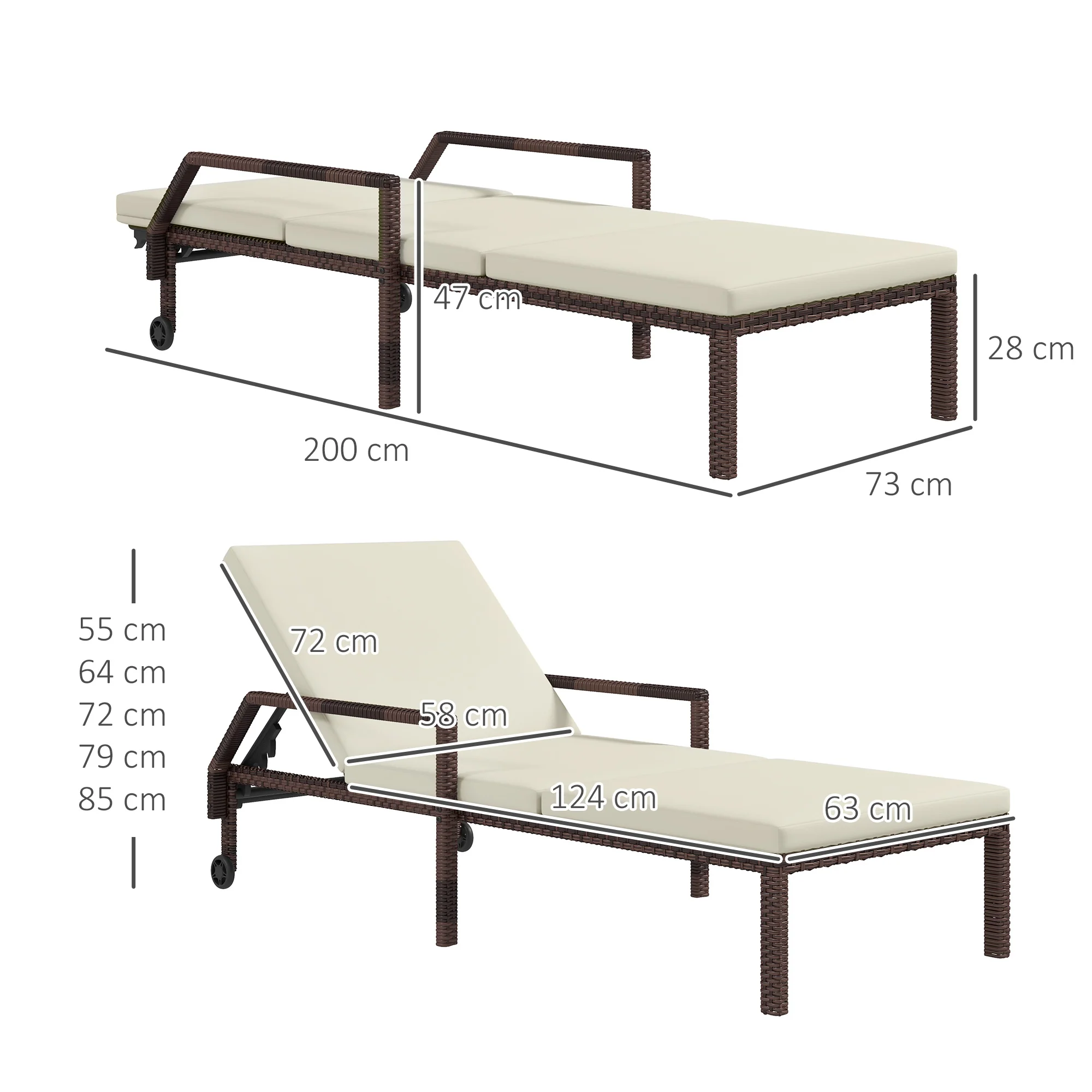 PE Rattan Sun Lounger, 5-Level Adjustable Backrest Recliner with 2 Wheels, Cream White - Image 5