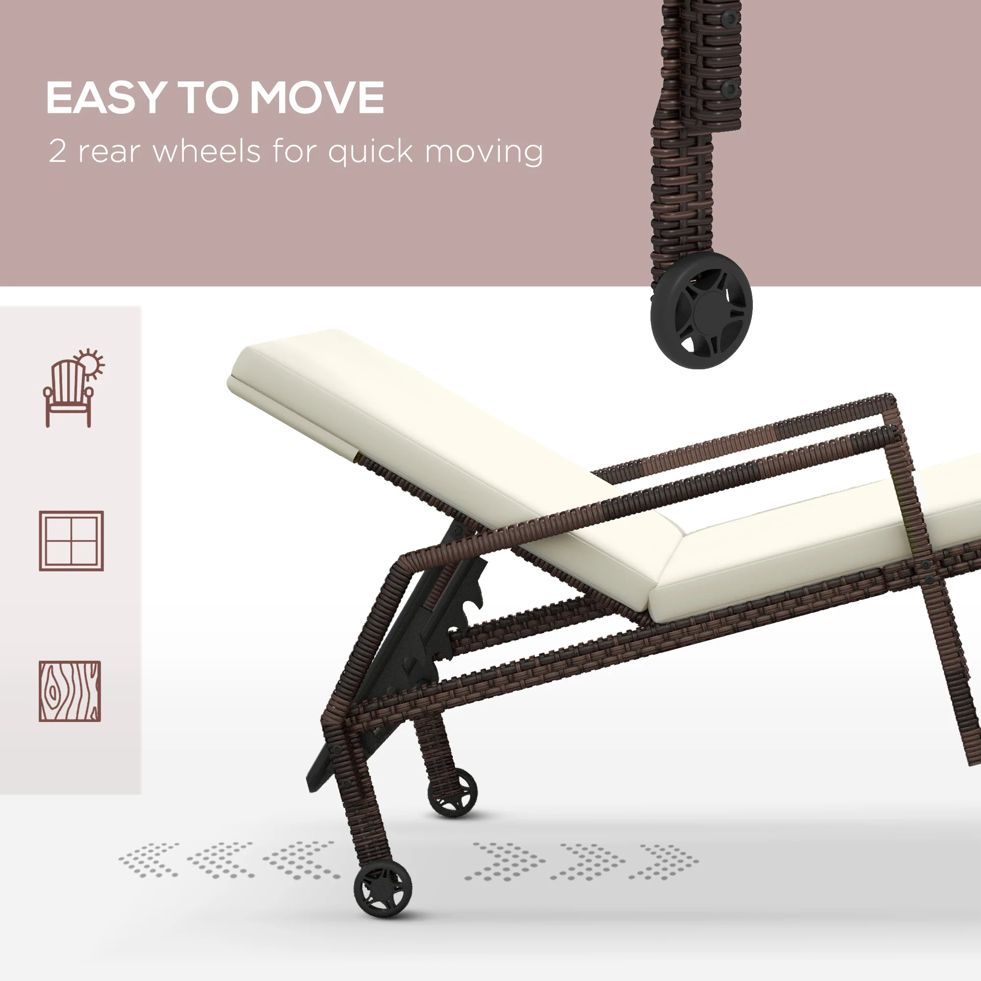 PE Rattan Sun Lounger, 5-Level Adjustable Backrest Recliner with 2 Wheels, Cream White - Image 7