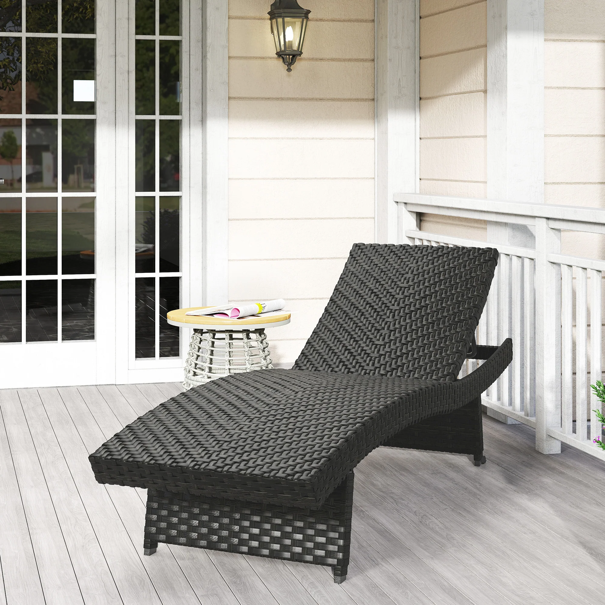 Folding PE Rattan Sun Lounger with Wheels & Adjustable Backrest, Black - Image 11