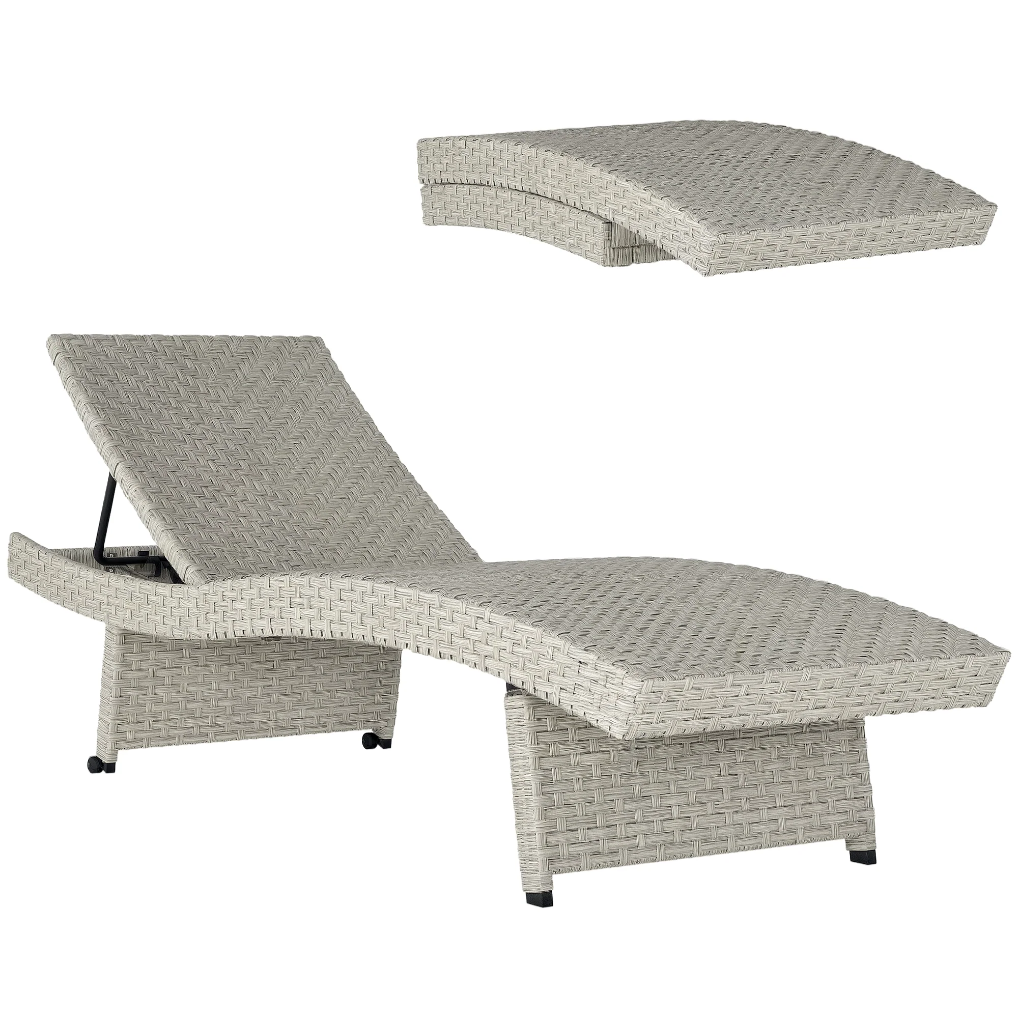 Folding PE Rattan Sun Lounger with Wheels & Adjustable Backrest, Grey