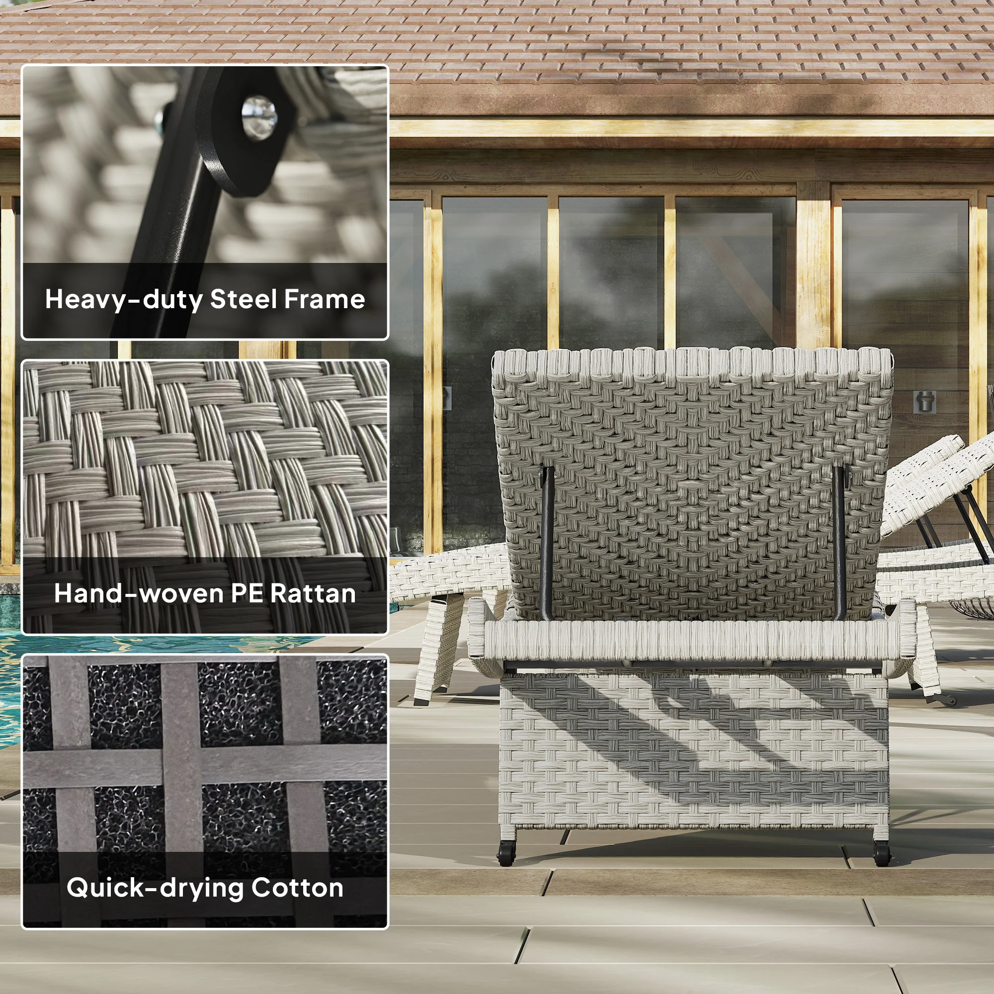 Folding PE Rattan Sun Lounger with Wheels & Adjustable Backrest, Grey - Image 10