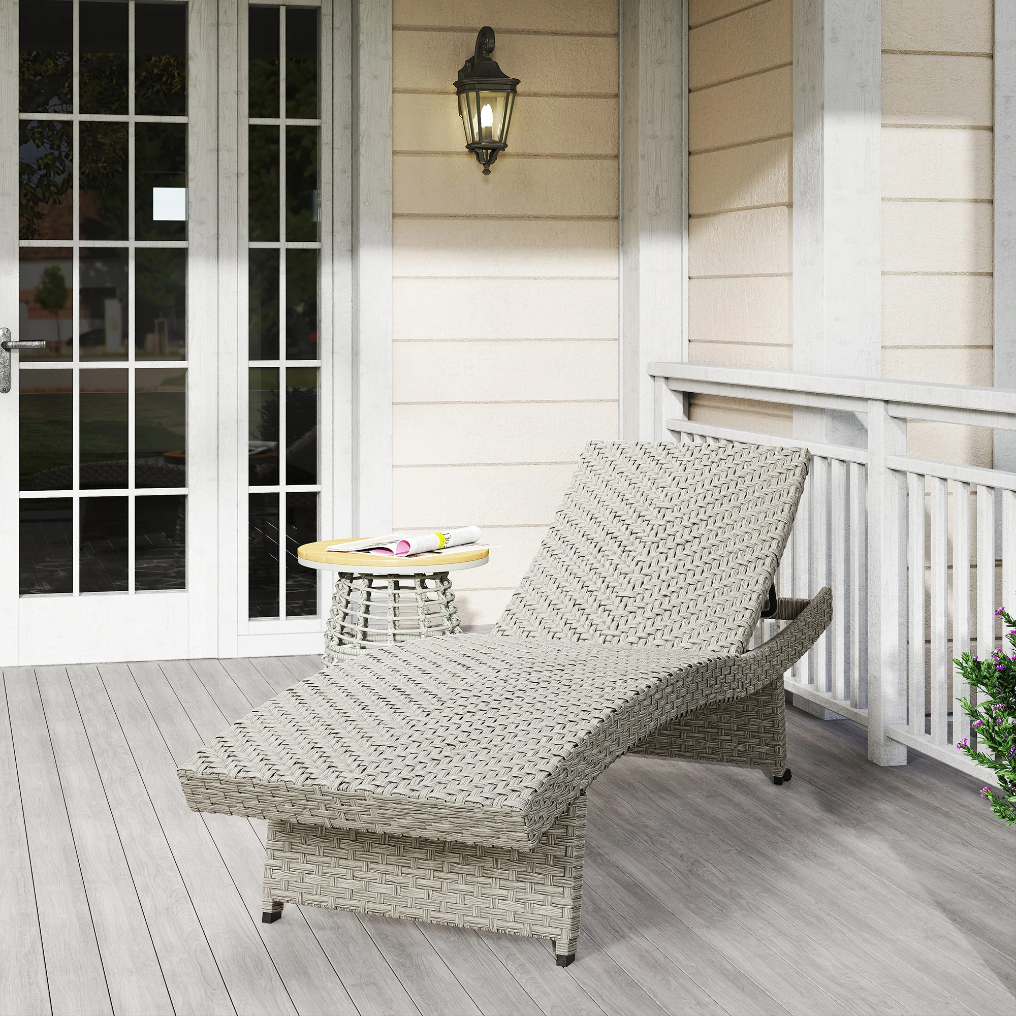 Folding PE Rattan Sun Lounger with Wheels & Adjustable Backrest, Grey - Image 11