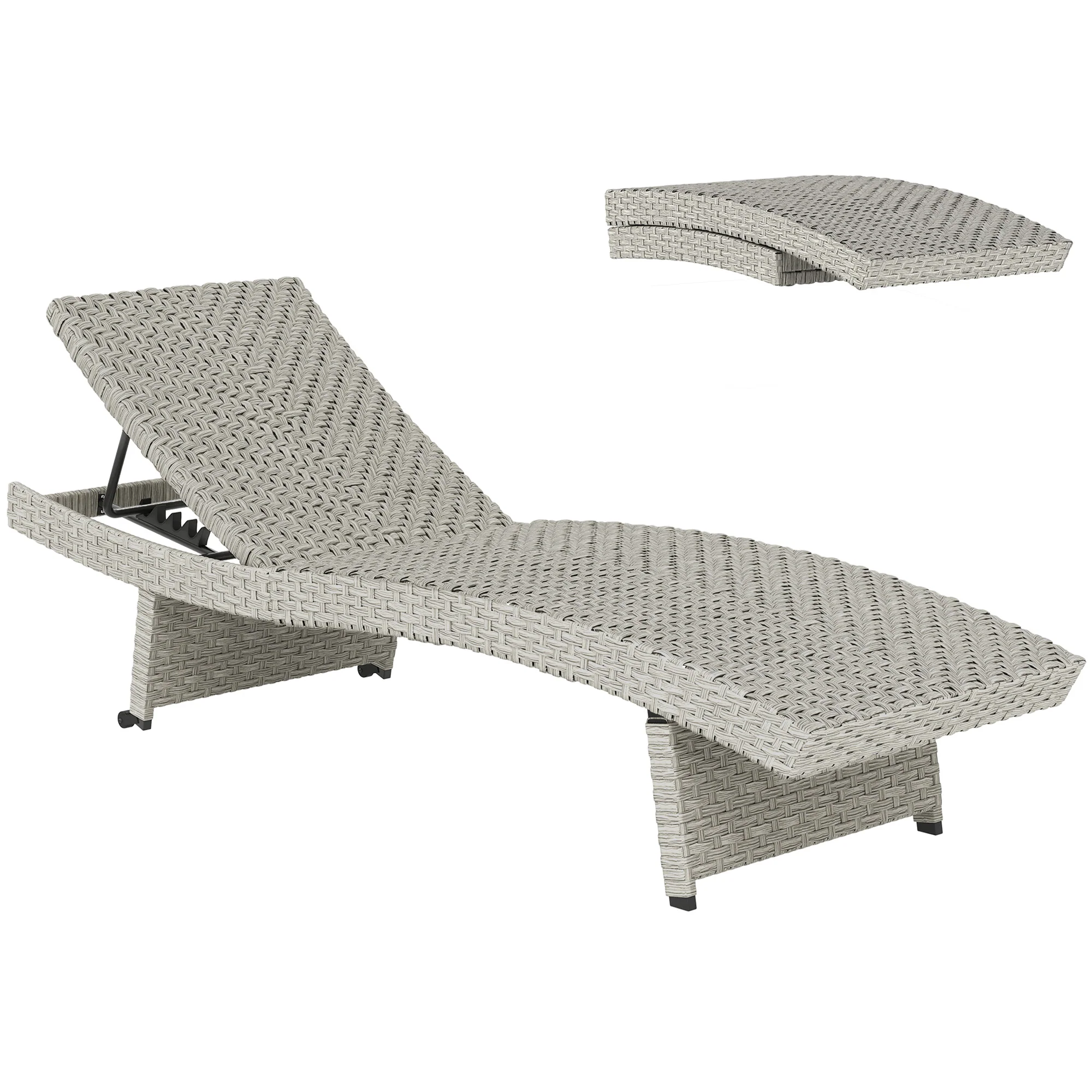 Folding PE Rattan Sun Lounger with Wheels & Adjustable Backrest, Grey - Image 12