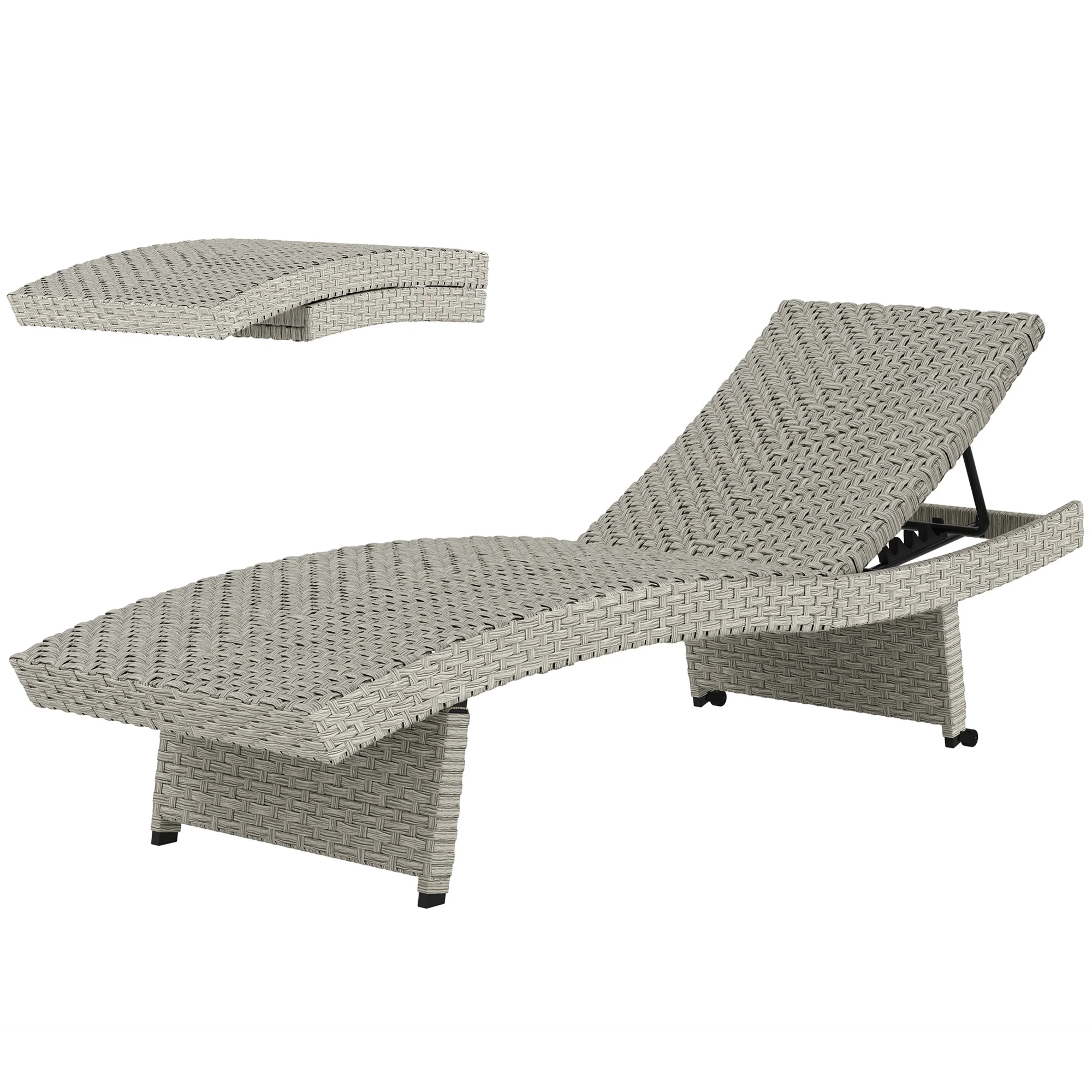 Folding PE Rattan Sun Lounger with Wheels & Adjustable Backrest, Grey - Image 2