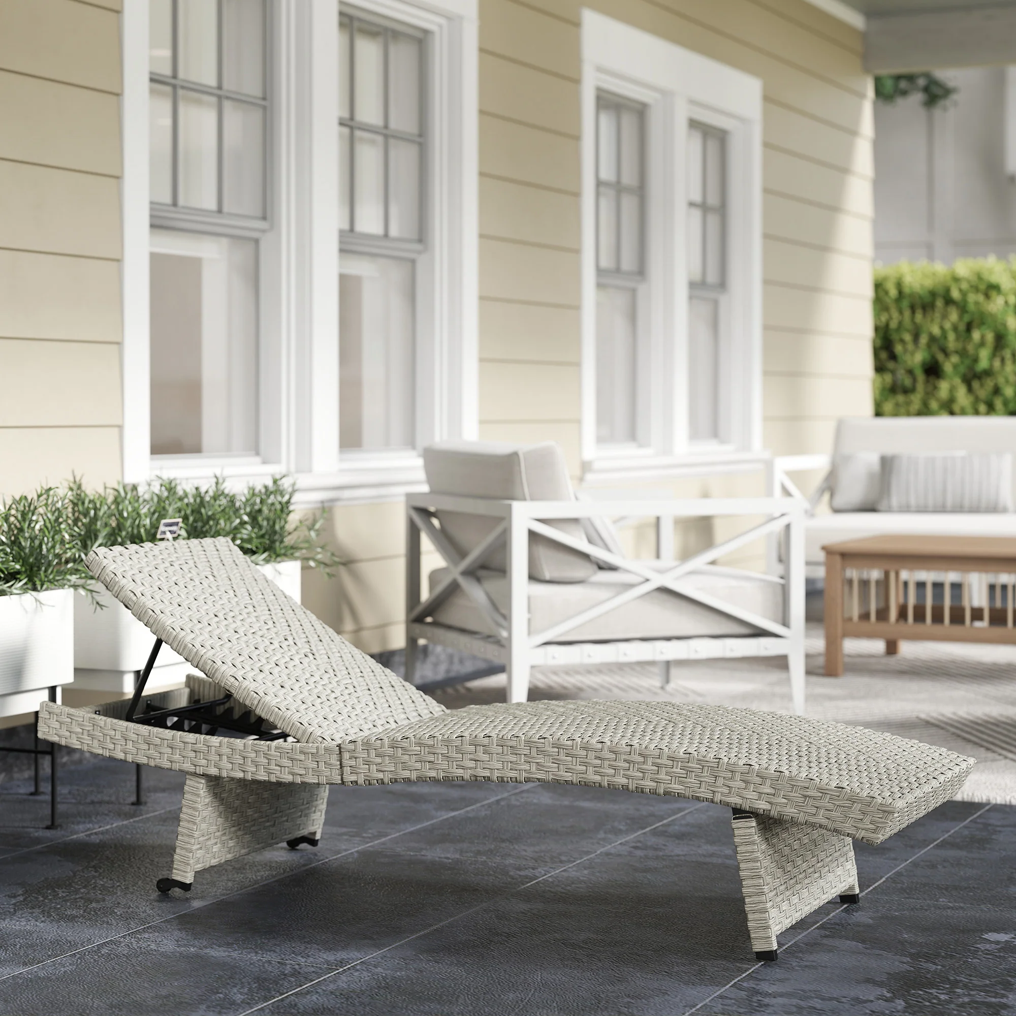 Folding PE Rattan Sun Lounger with Wheels & Adjustable Backrest, Grey - Image 3