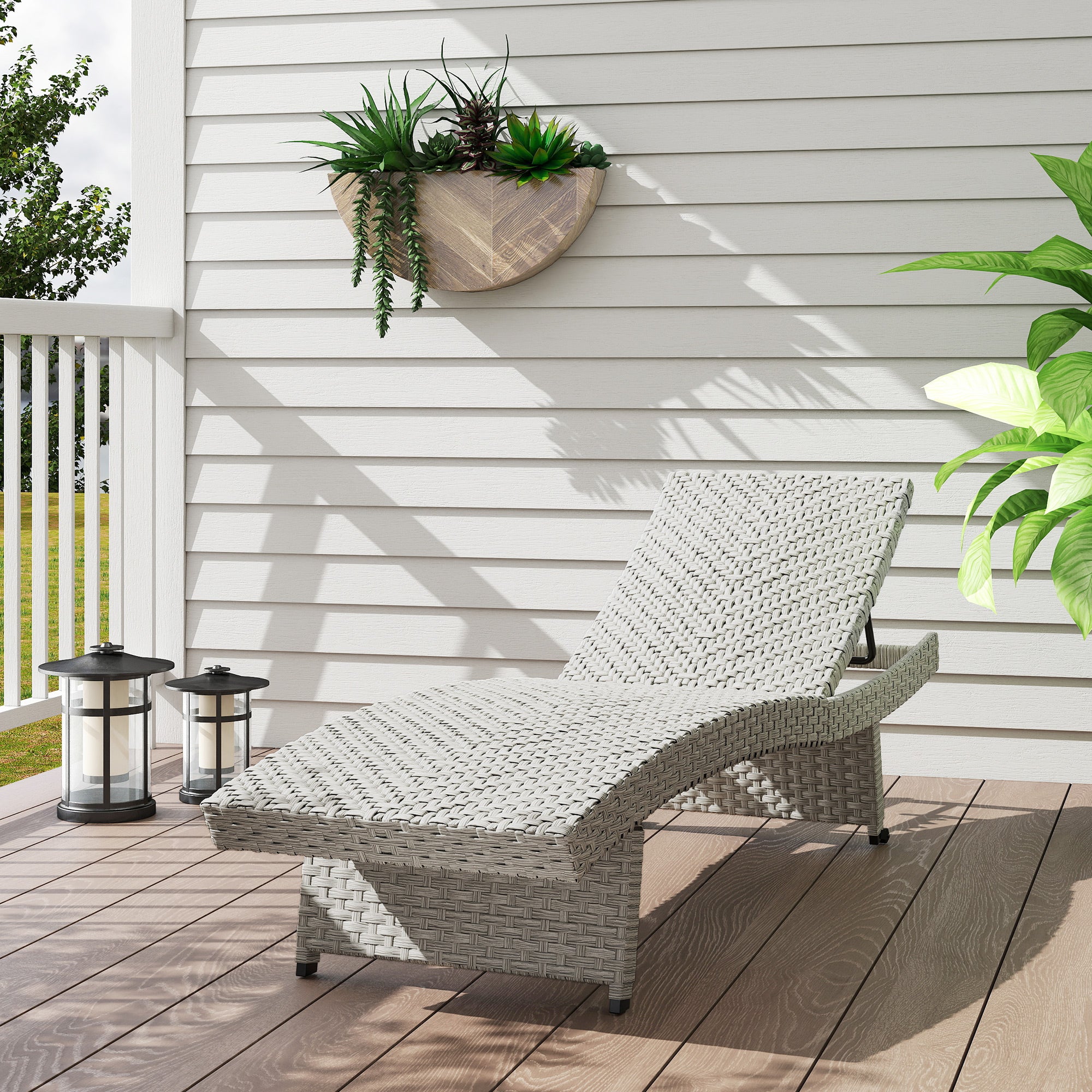 Folding PE Rattan Sun Lounger with Wheels & Adjustable Backrest, Grey - Image 4