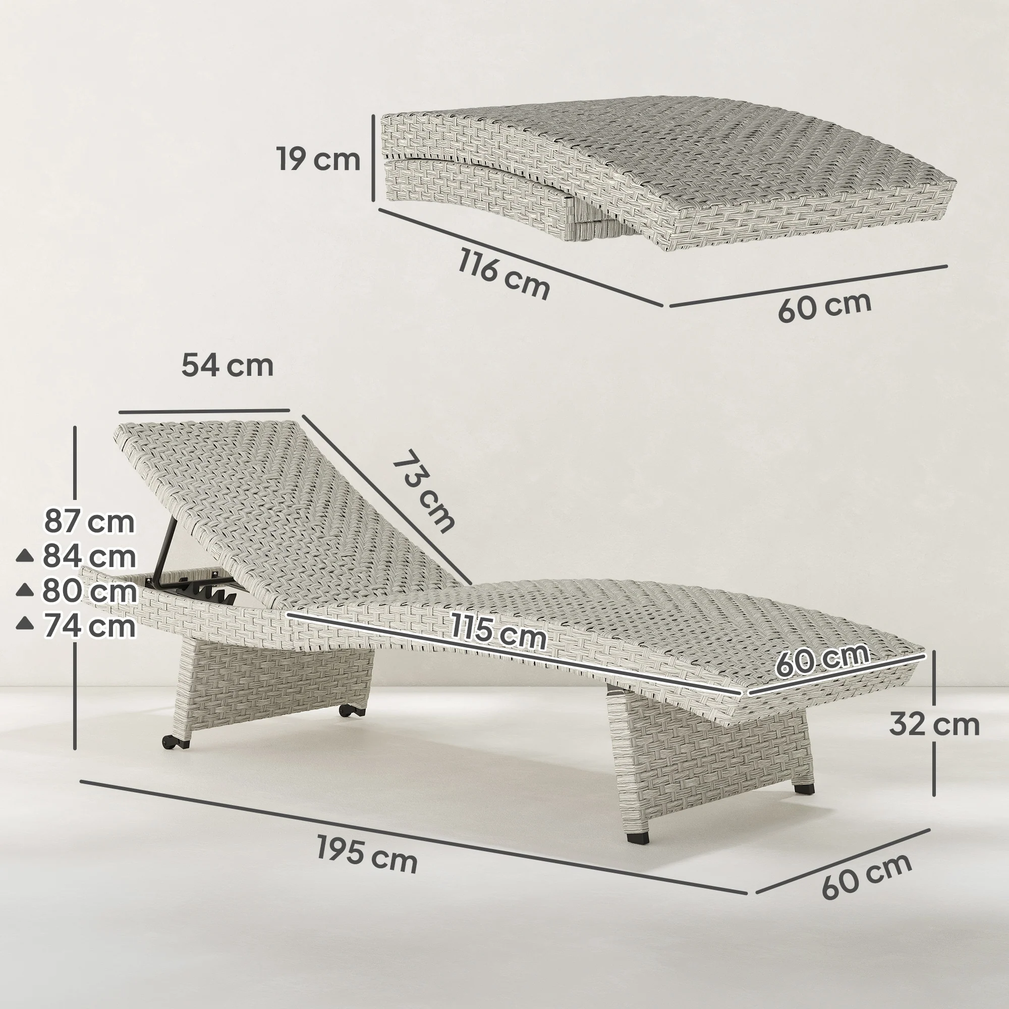 Folding PE Rattan Sun Lounger with Wheels & Adjustable Backrest, Grey - Image 5