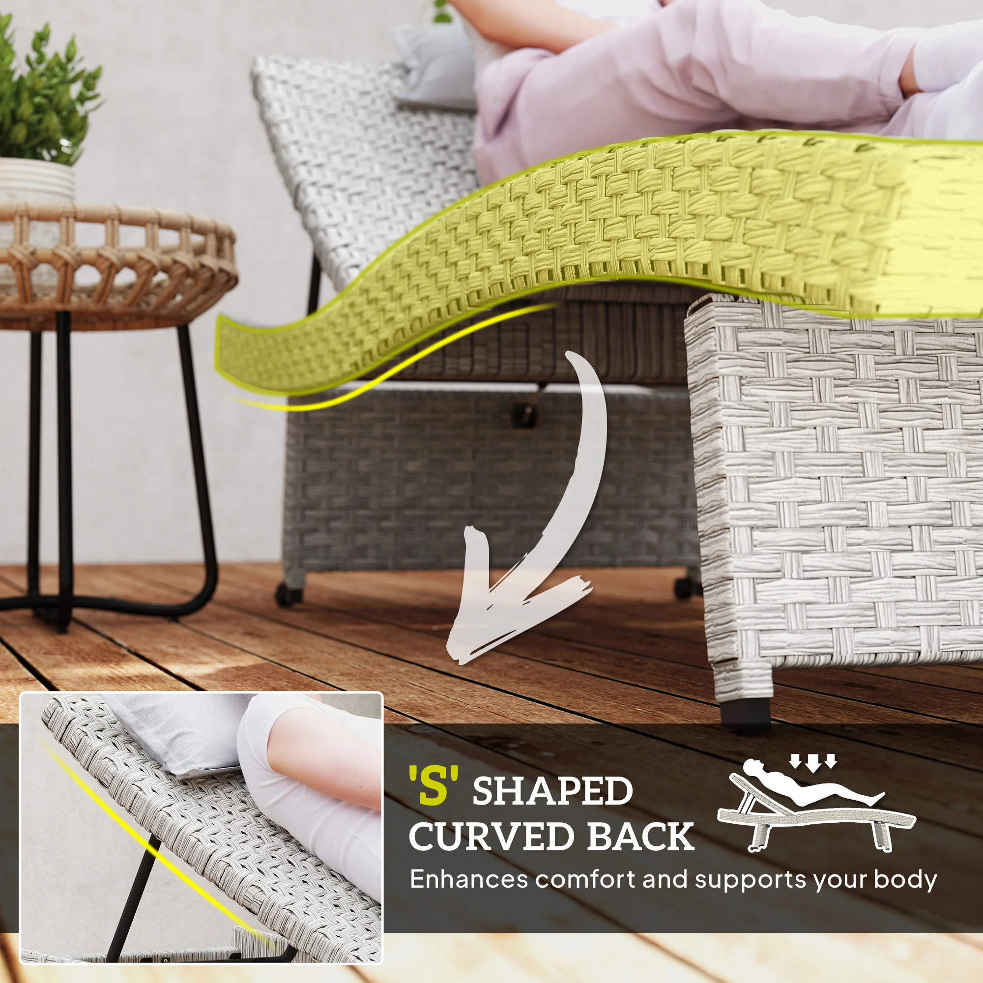 Folding PE Rattan Sun Lounger with Wheels & Adjustable Backrest, Grey - Image 6