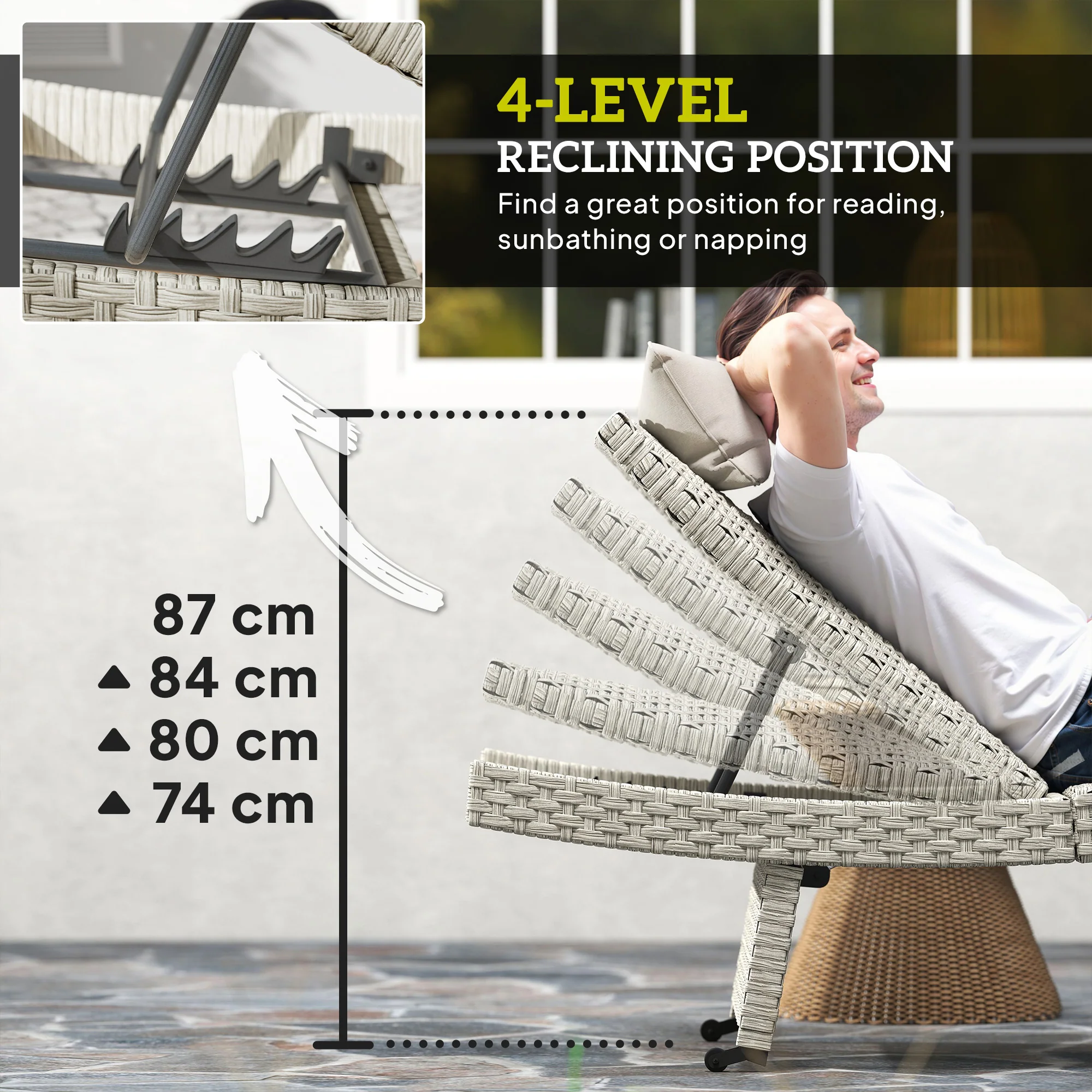 Folding PE Rattan Sun Lounger with Wheels & Adjustable Backrest, Grey - Image 7