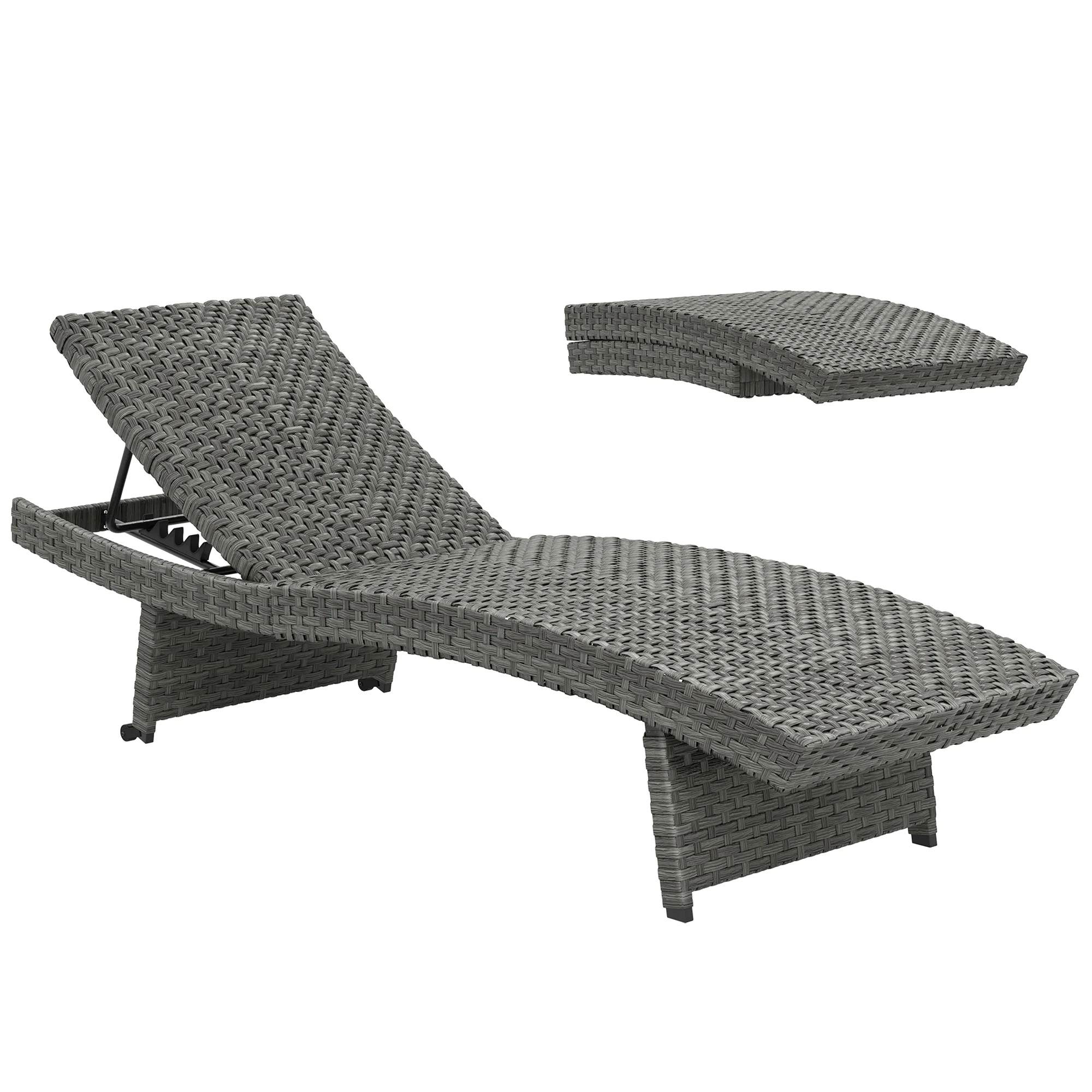 Folding PE Rattan Sun Lounger with Wheels & Adjustable Backrest, Mixed Grey