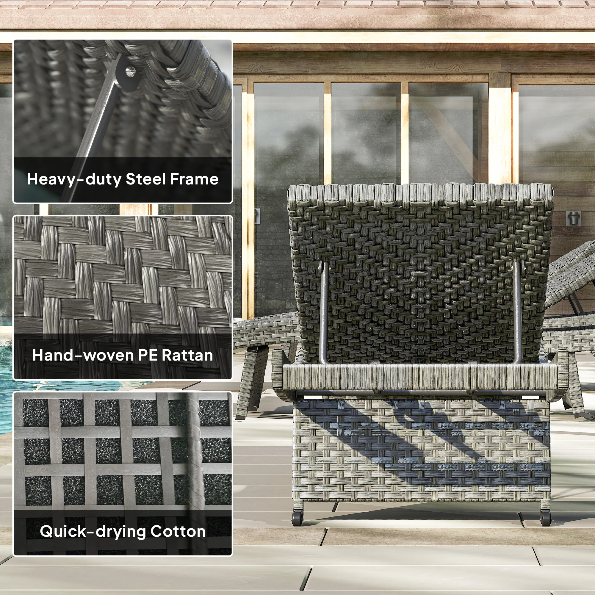 Folding PE Rattan Sun Lounger with Wheels & Adjustable Backrest, Mixed Grey - Image 10