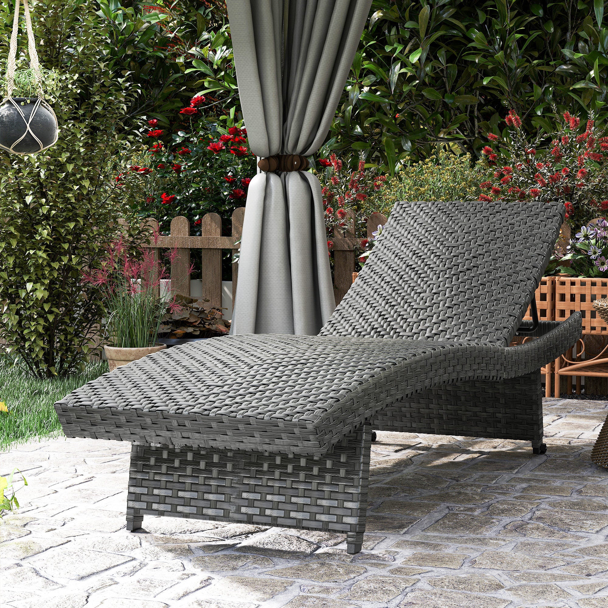 Folding PE Rattan Sun Lounger with Wheels & Adjustable Backrest, Mixed Grey - Image 11