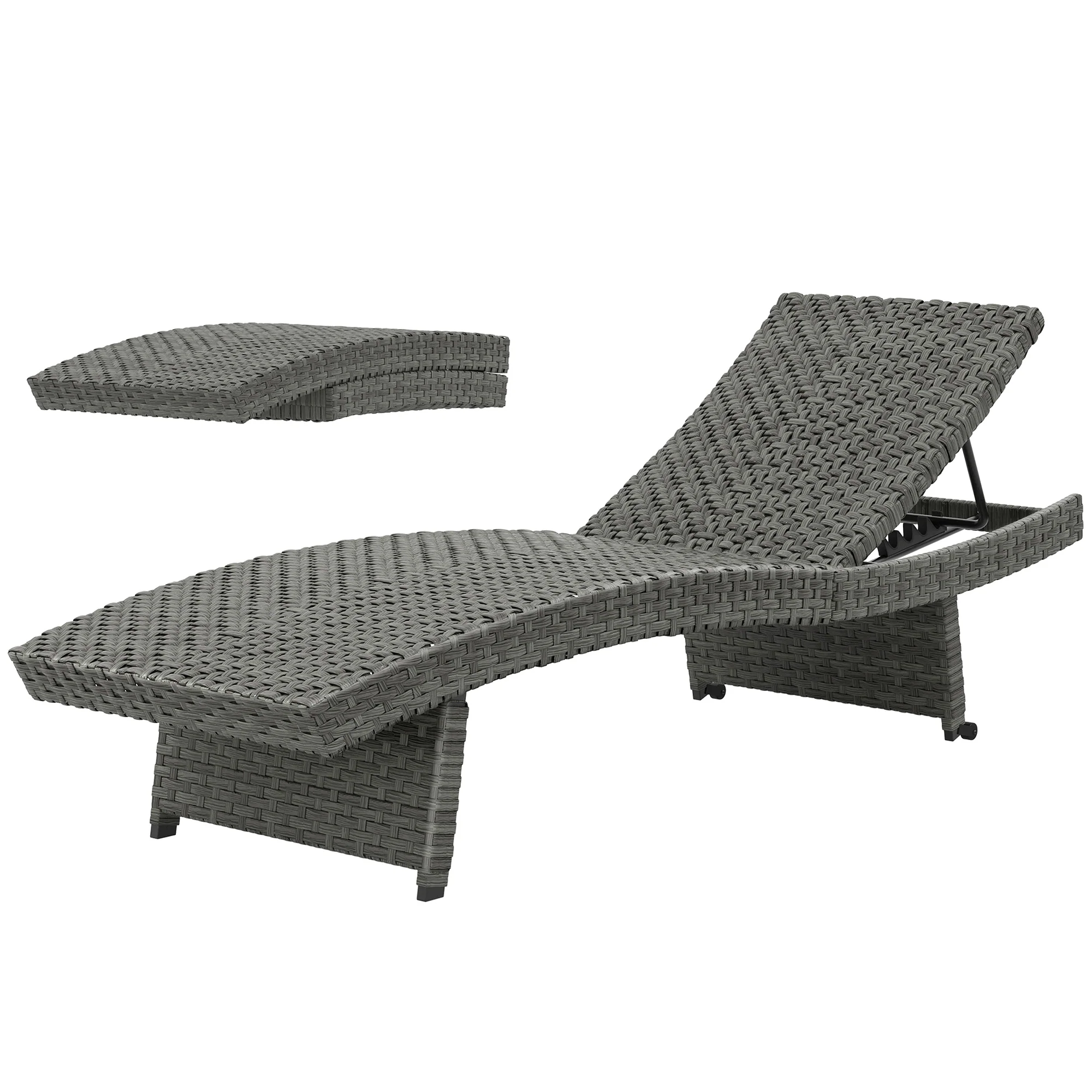 Folding PE Rattan Sun Lounger with Wheels & Adjustable Backrest, Mixed Grey - Image 2