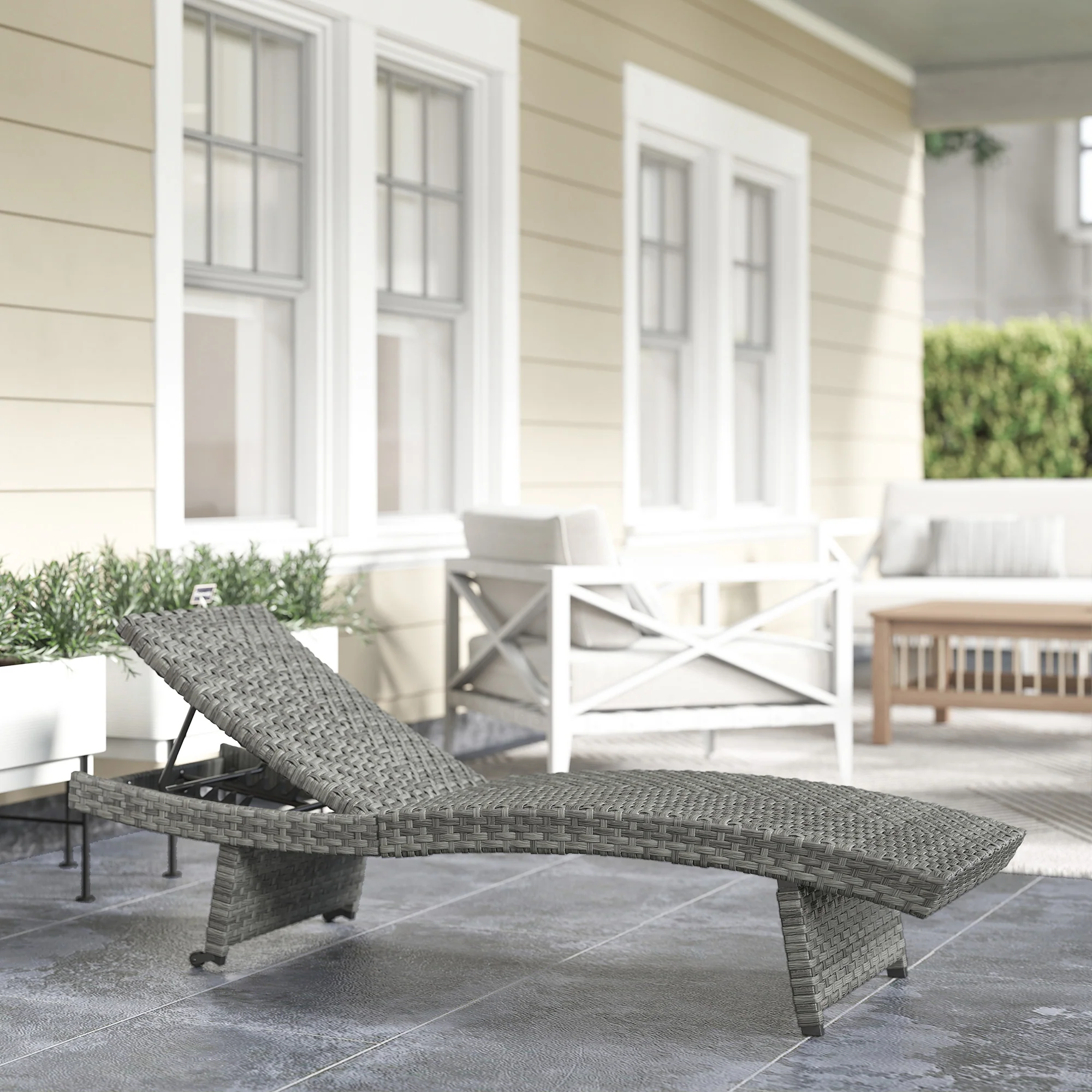 Folding PE Rattan Sun Lounger with Wheels & Adjustable Backrest, Mixed Grey - Image 3