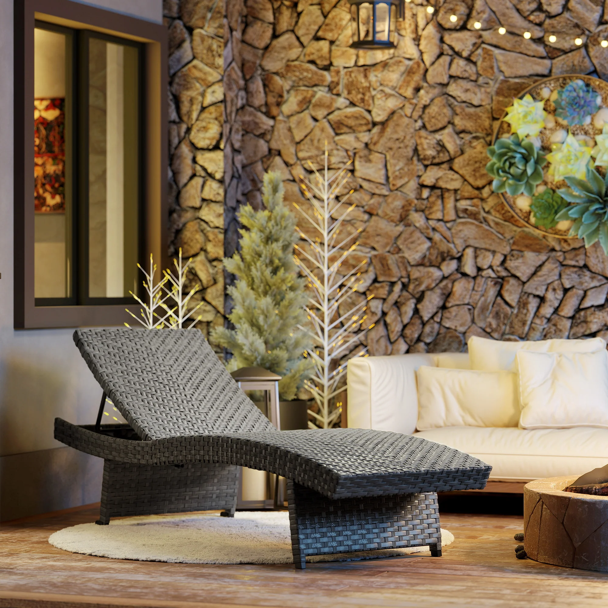 Folding PE Rattan Sun Lounger with Wheels & Adjustable Backrest, Mixed Grey - Image 4