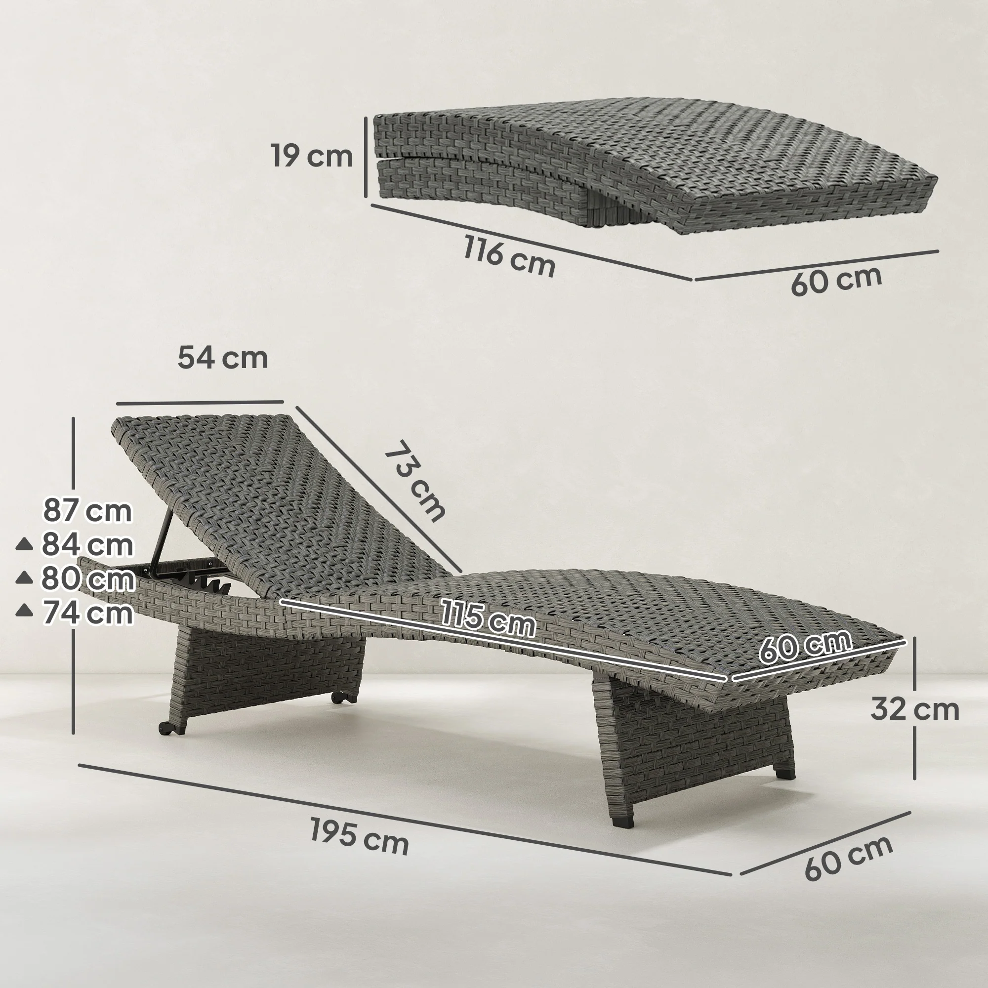 Folding PE Rattan Sun Lounger with Wheels & Adjustable Backrest, Mixed Grey - Image 5