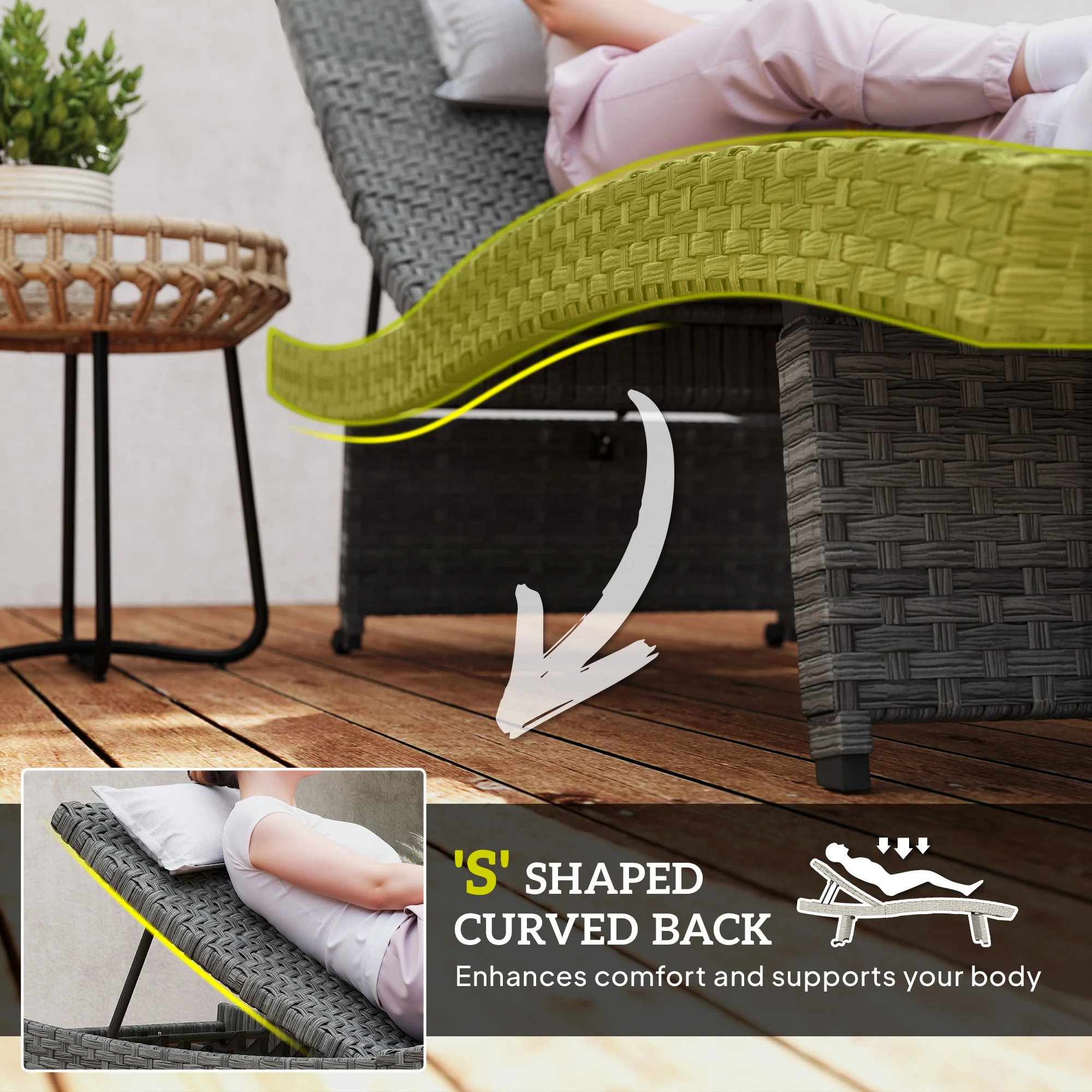 Folding PE Rattan Sun Lounger with Wheels & Adjustable Backrest, Mixed Grey - Image 6