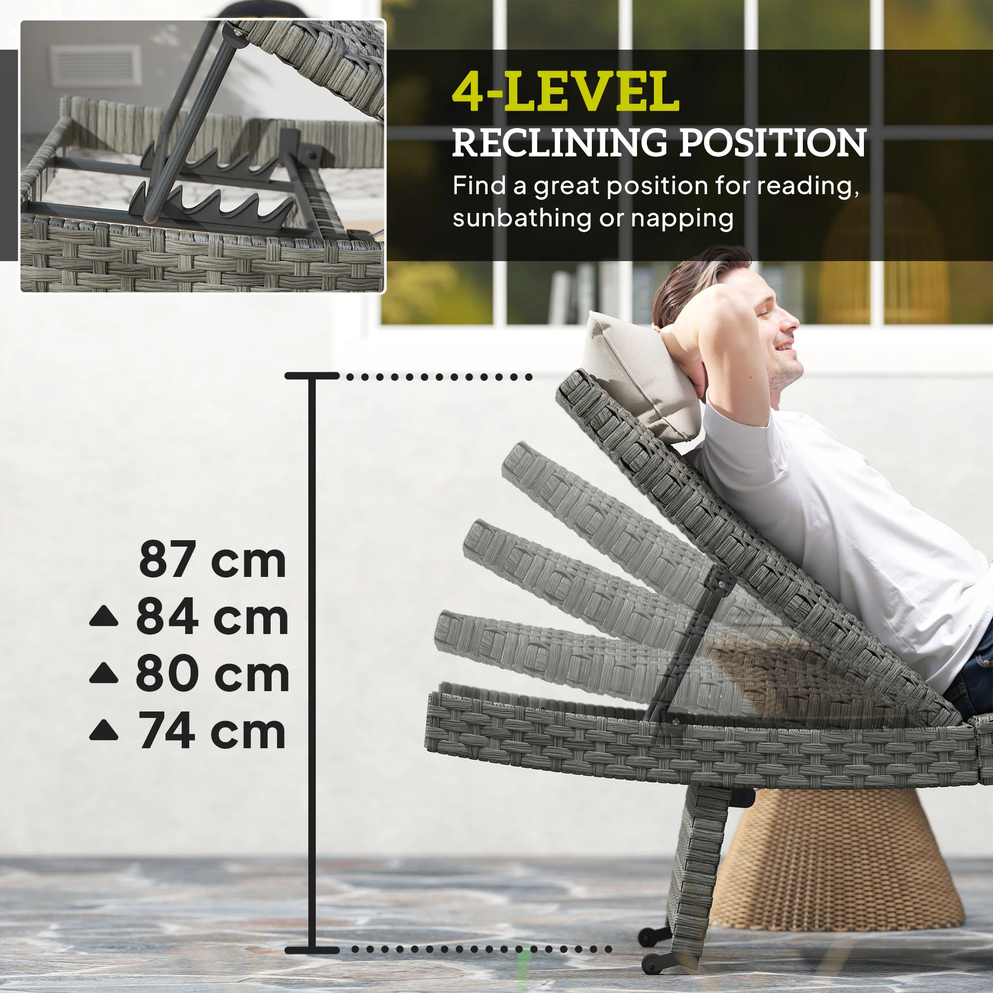 Folding PE Rattan Sun Lounger with Wheels & Adjustable Backrest, Mixed Grey - Image 7