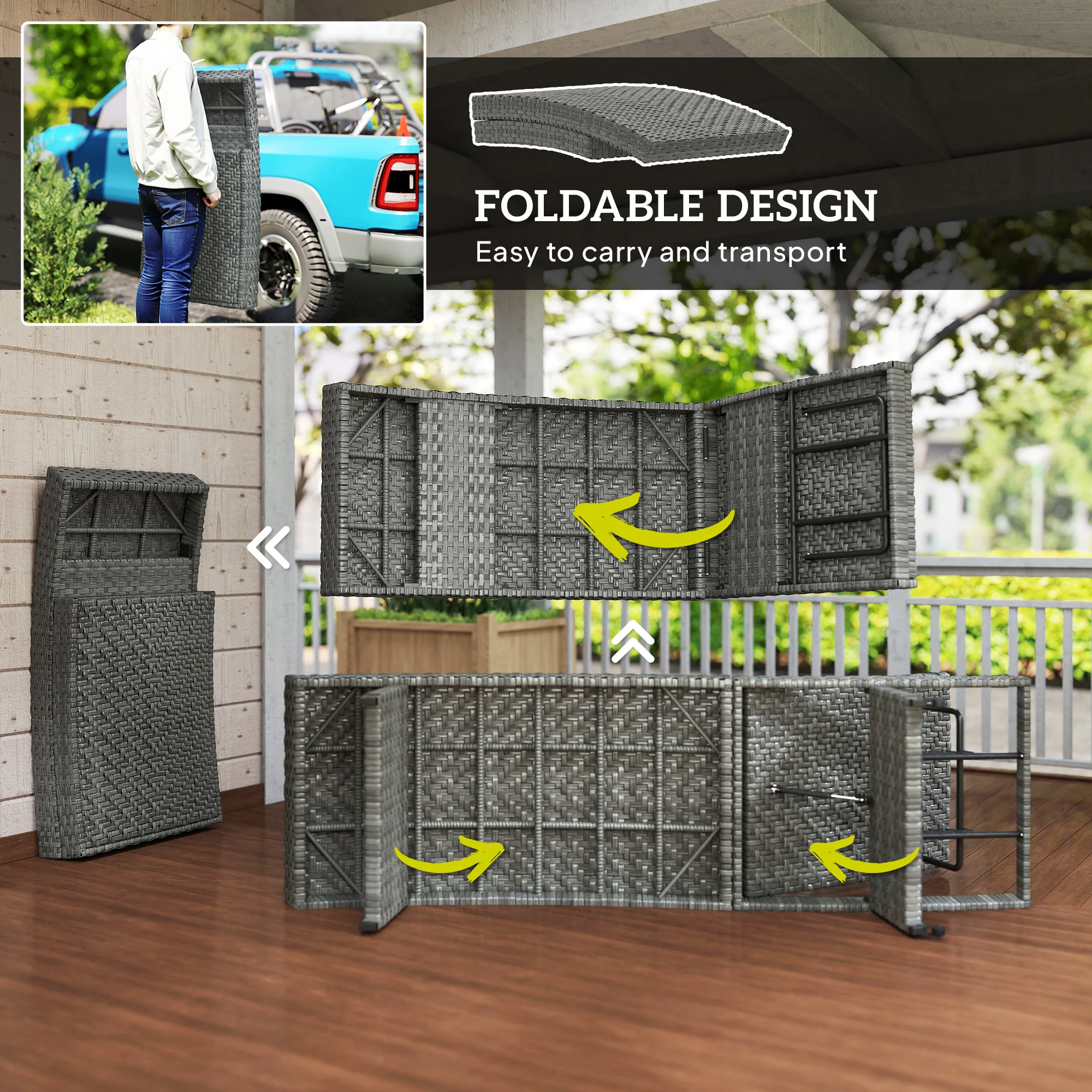 Folding PE Rattan Sun Lounger with Wheels & Adjustable Backrest, Mixed Grey - Image 8