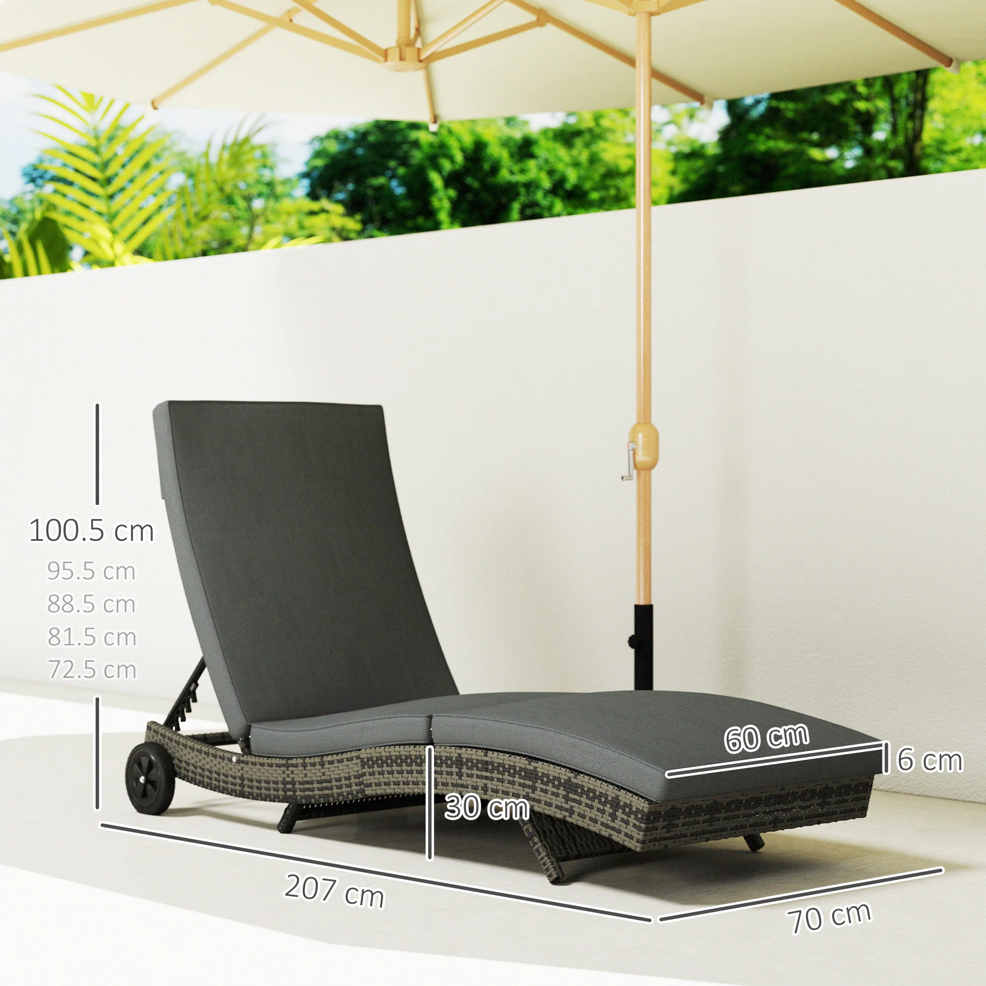 PE Rattan Rolling Sunbed with Cushion, 5-Level Adjustable Backrest Recliner, Dark Grey - Image 5