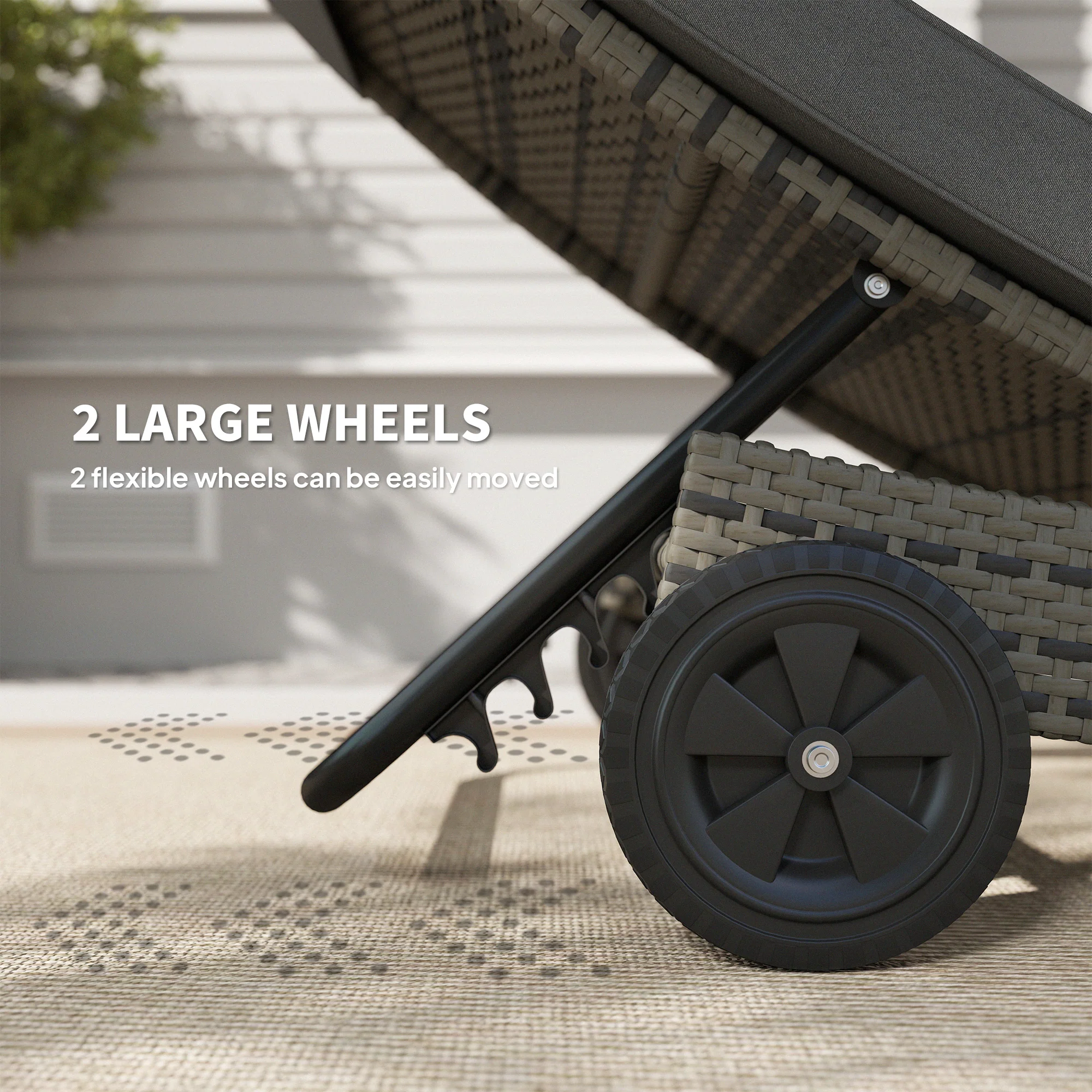 PE Rattan Rolling Sunbed with Cushion, 5-Level Adjustable Backrest Recliner, Dark Grey - Image 6