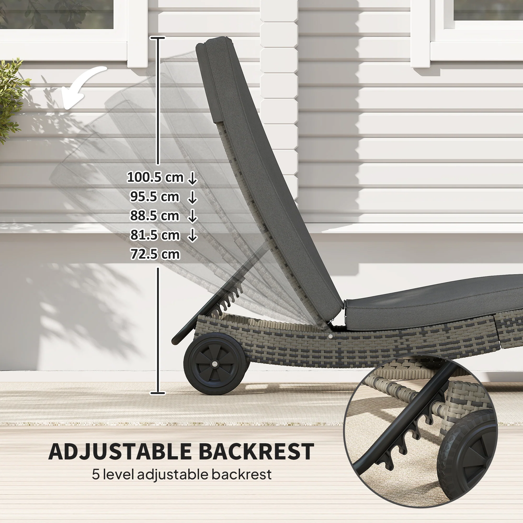 PE Rattan Rolling Sunbed with Cushion, 5-Level Adjustable Backrest Recliner, Dark Grey - Image 7