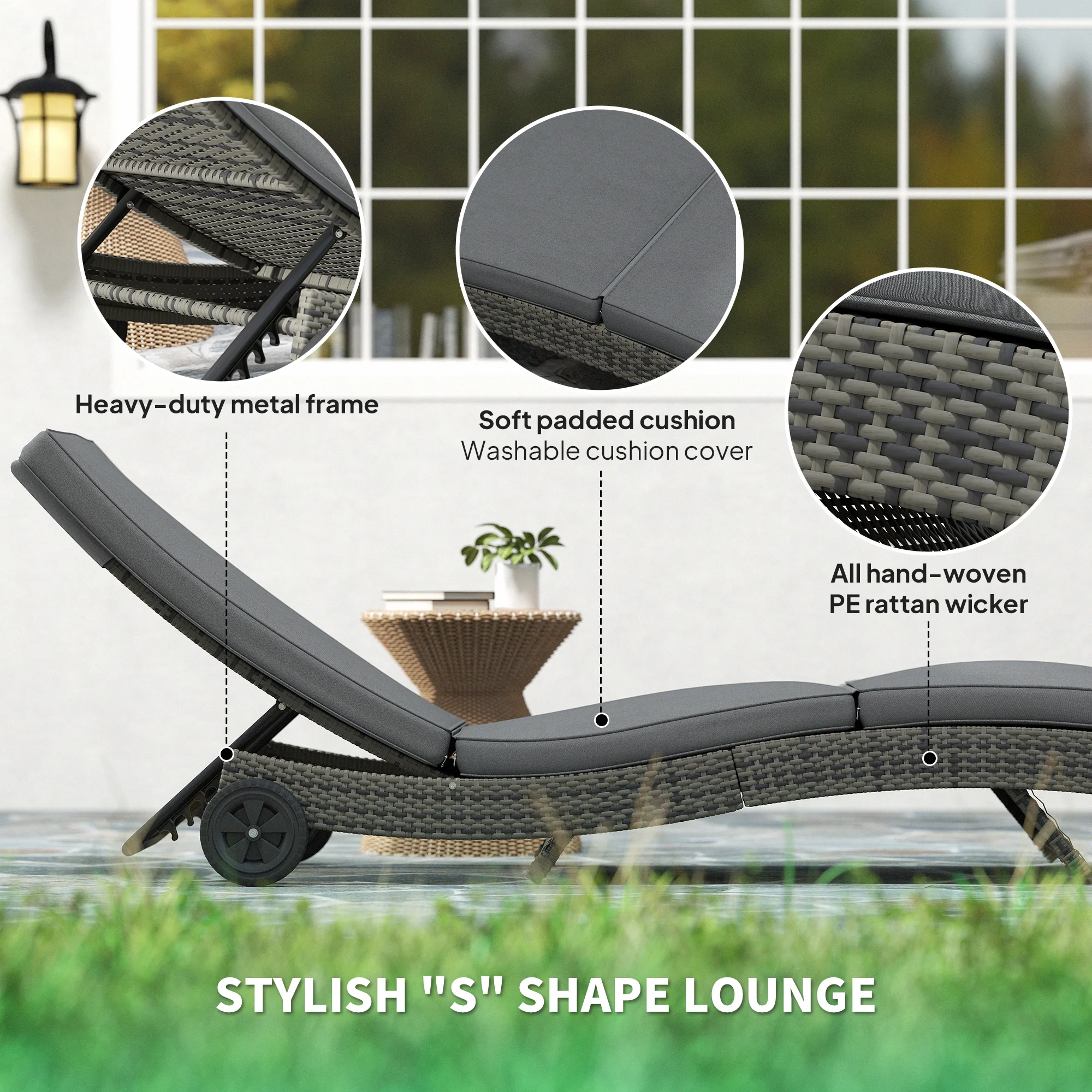 PE Rattan Rolling Sunbed with Cushion, 5-Level Adjustable Backrest Recliner, Dark Grey - Image 8