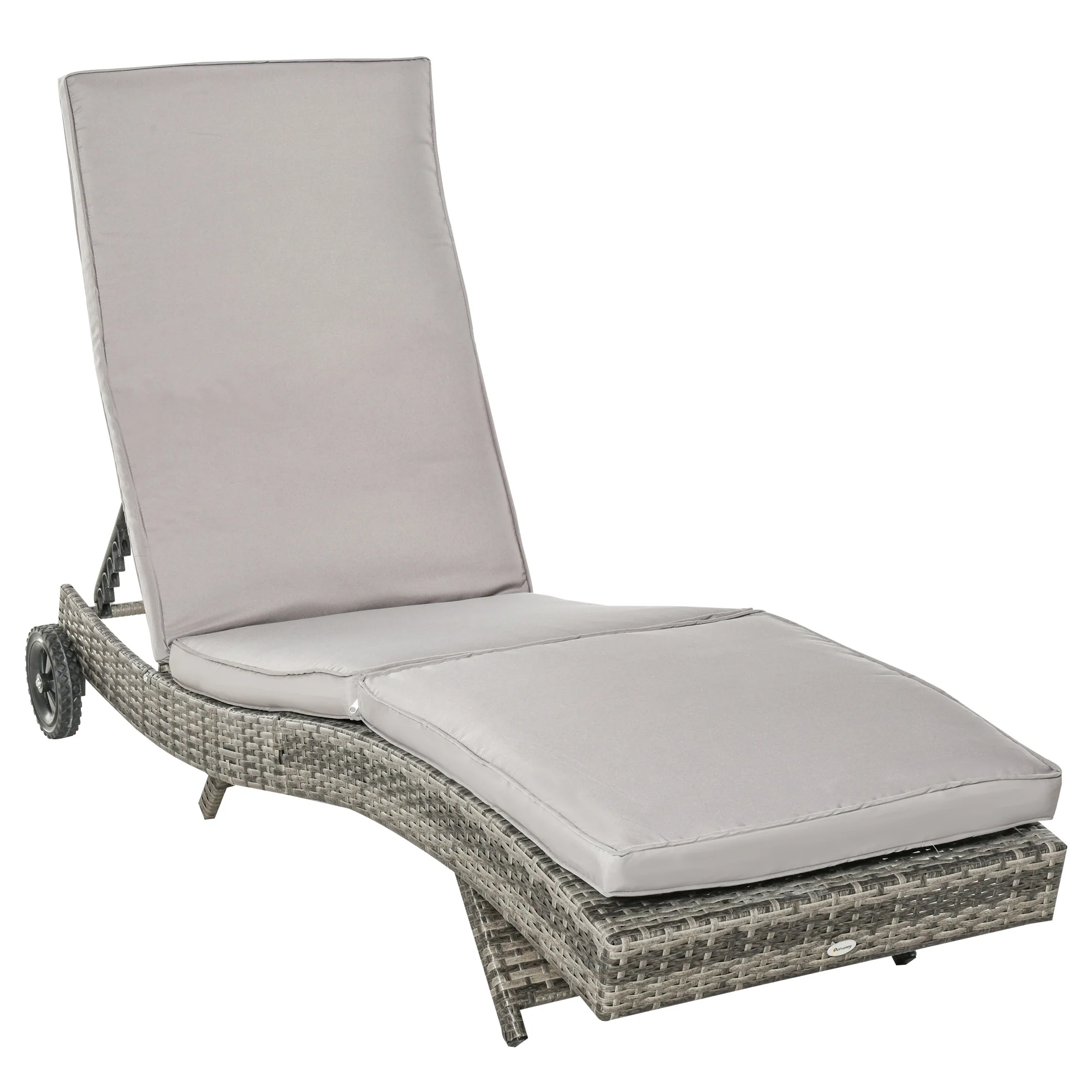 PE Rattan Rolling Sunbed with Cushion, 5-Level Adjustable Backrest Recliner, Grey - Image 11