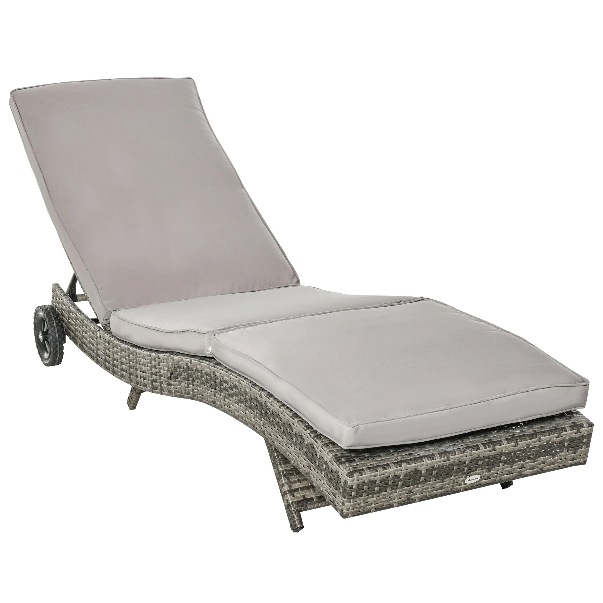PE Rattan Rolling Sunbed with Cushion, 5-Level Adjustable Backrest Recliner, Grey - Image 2