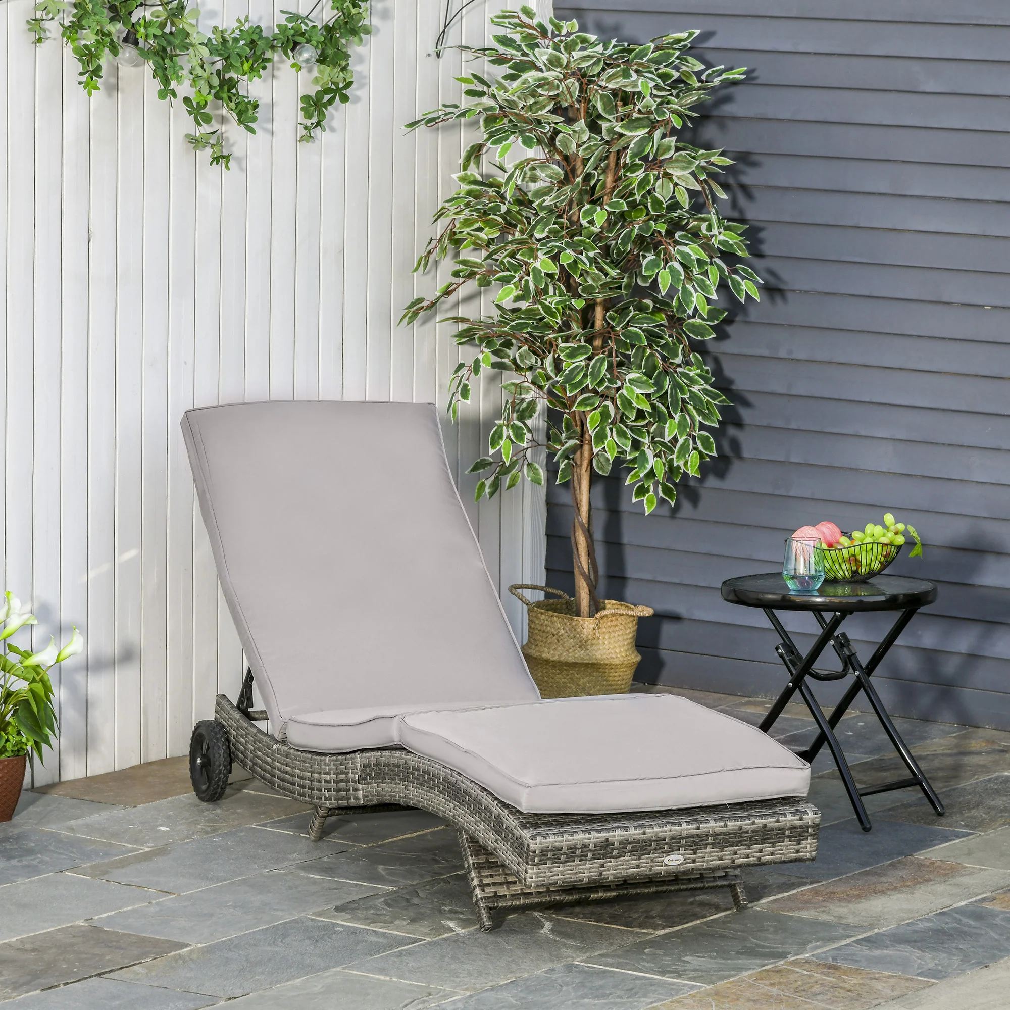 PE Rattan Rolling Sunbed with Cushion, 5-Level Adjustable Backrest Recliner, Grey - Image 3