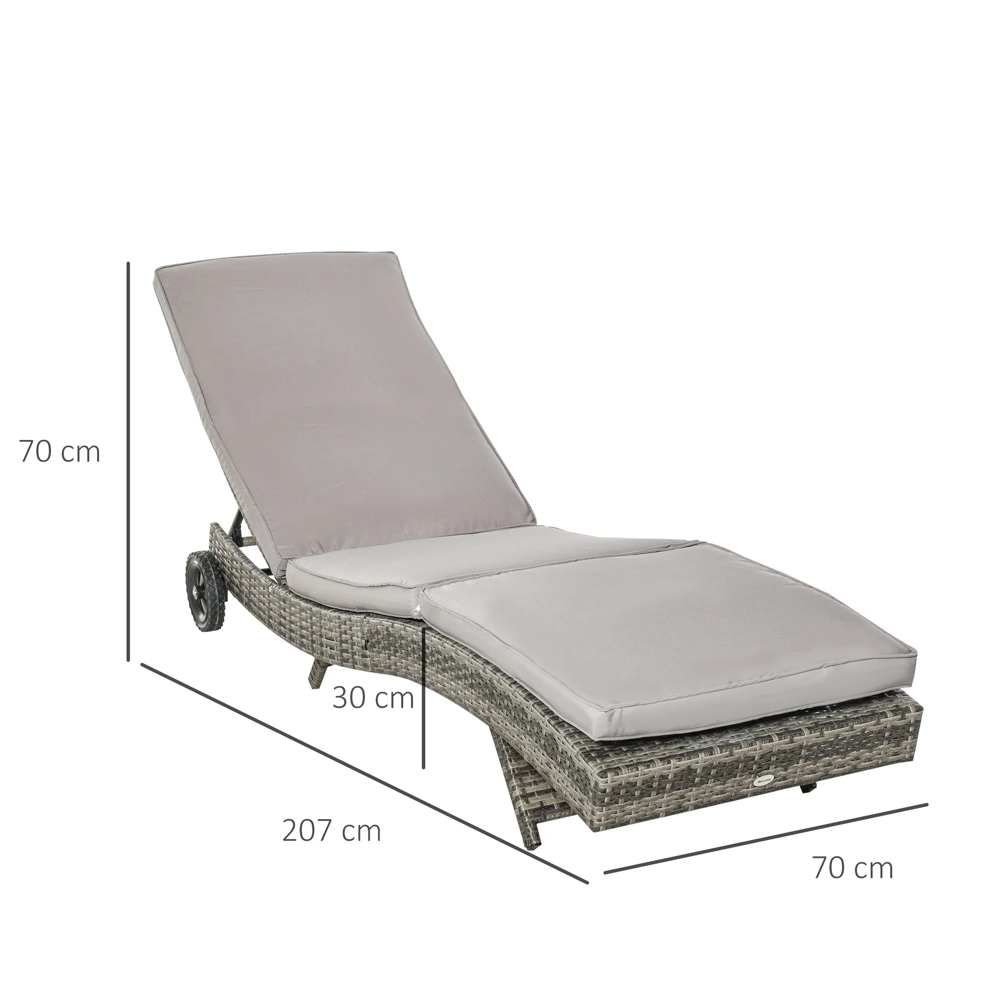 PE Rattan Rolling Sunbed with Cushion, 5-Level Adjustable Backrest Recliner, Grey - Image 5