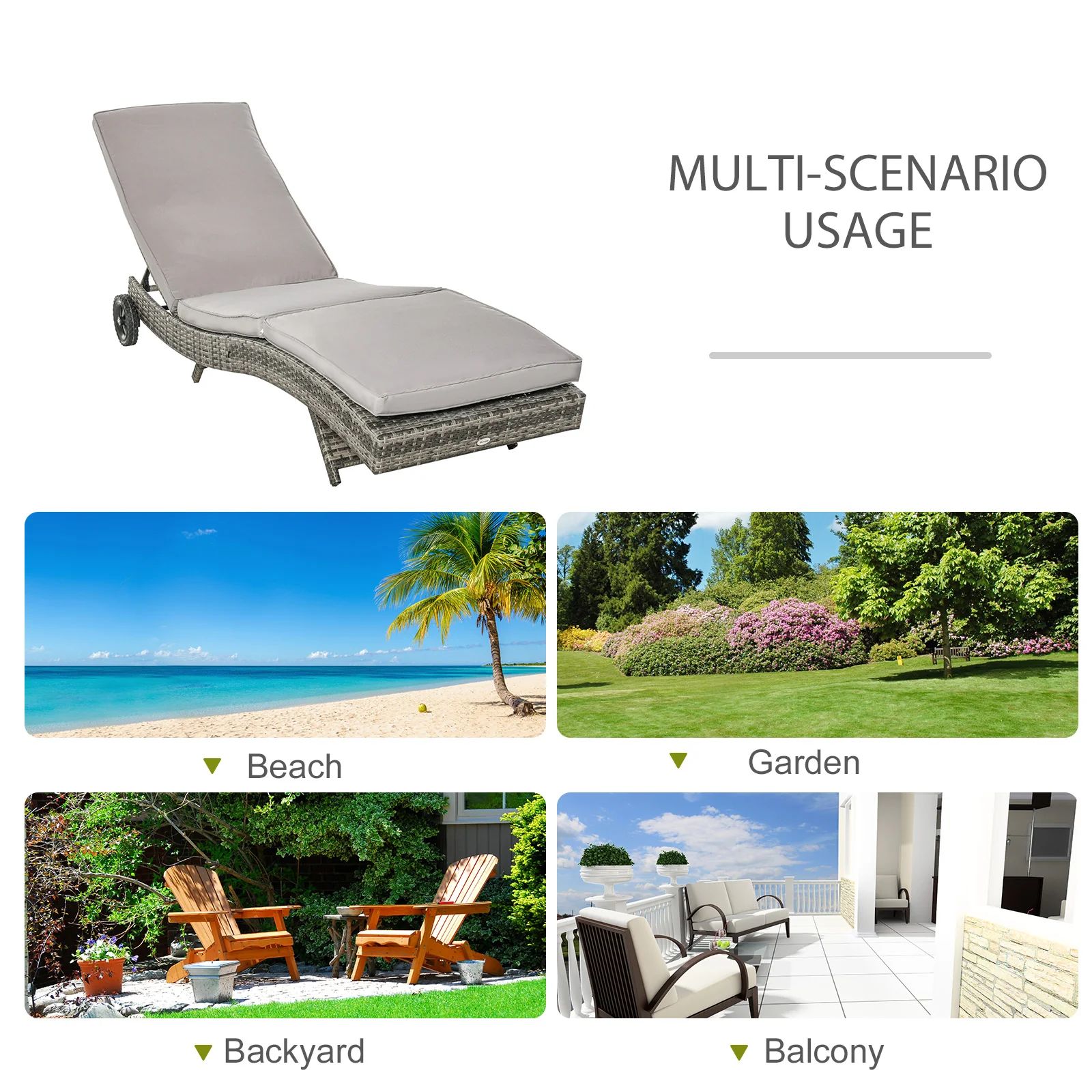 PE Rattan Rolling Sunbed with Cushion, 5-Level Adjustable Backrest Recliner, Grey - Image 7
