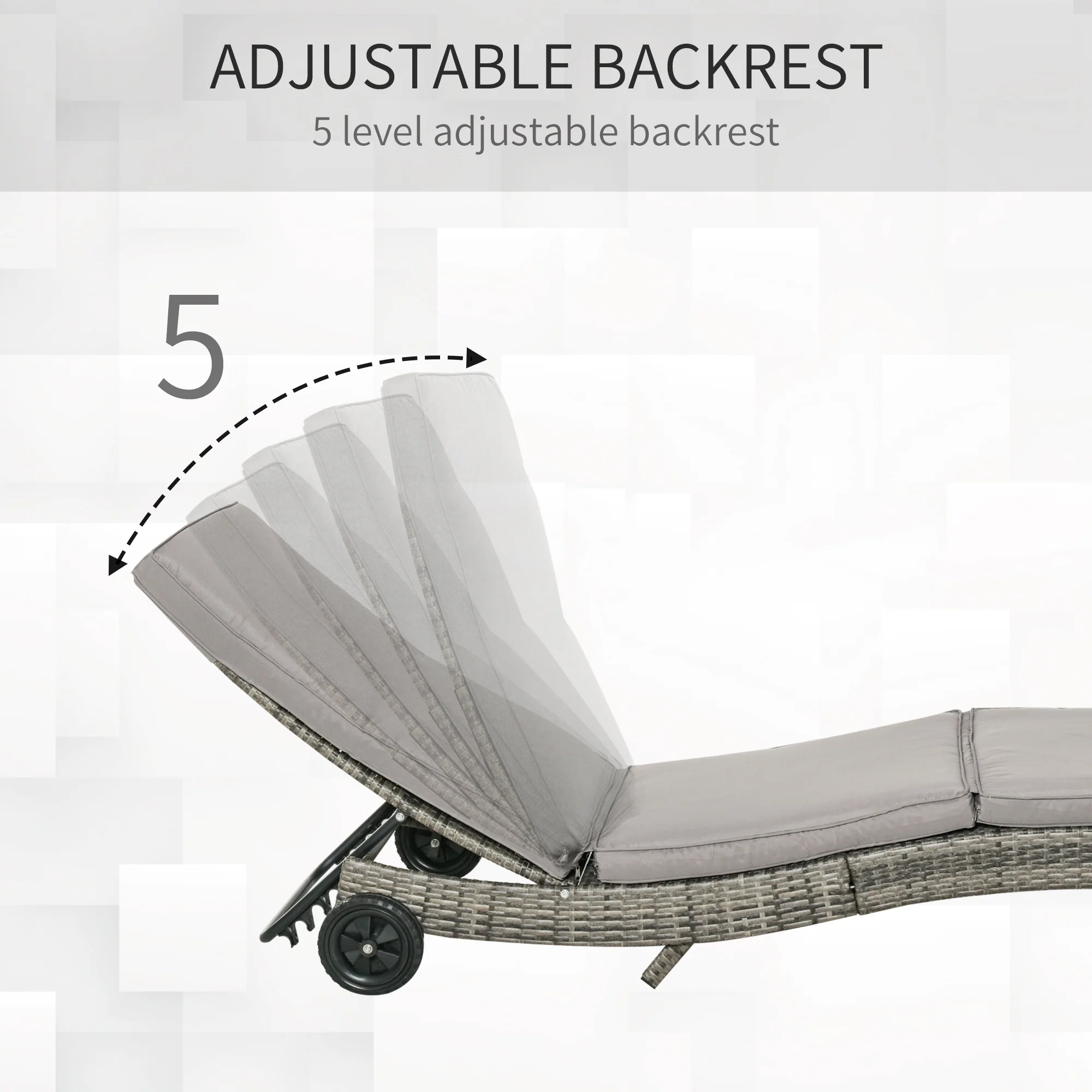 PE Rattan Rolling Sunbed with Cushion, 5-Level Adjustable Backrest Recliner, Grey - Image 8