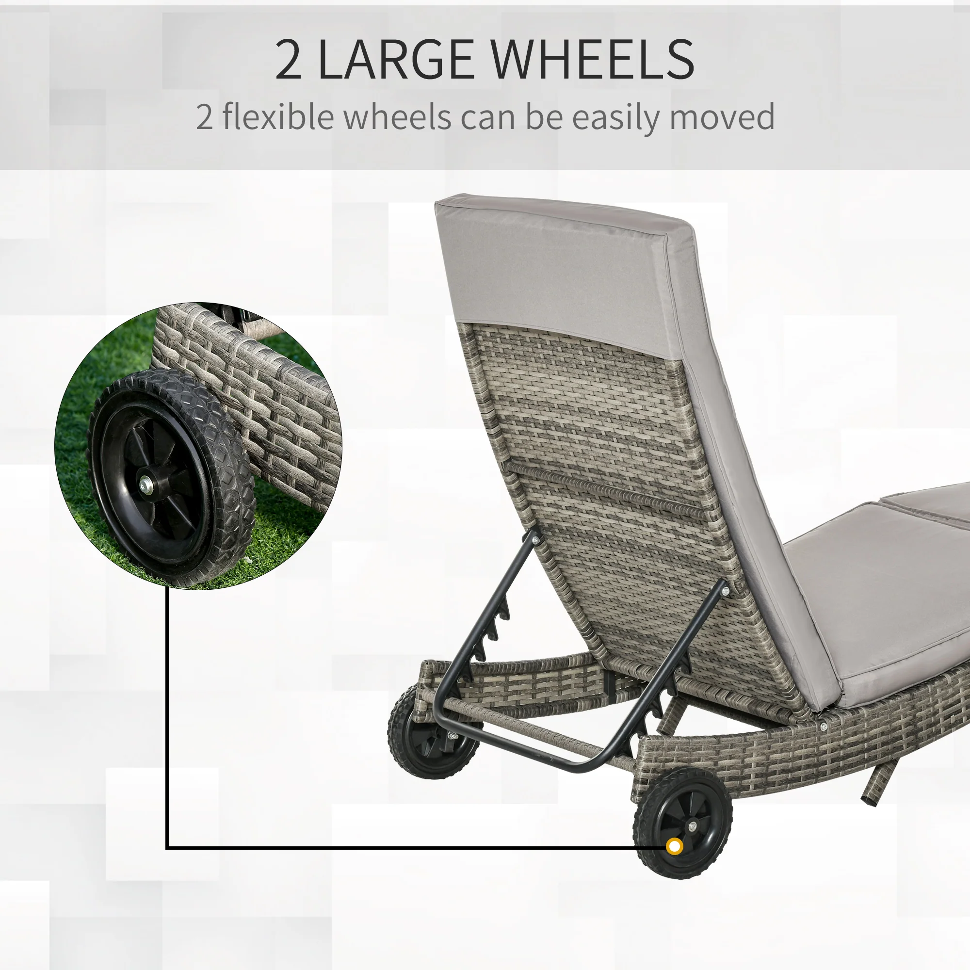 PE Rattan Rolling Sunbed with Cushion, 5-Level Adjustable Backrest Recliner, Grey - Image 9