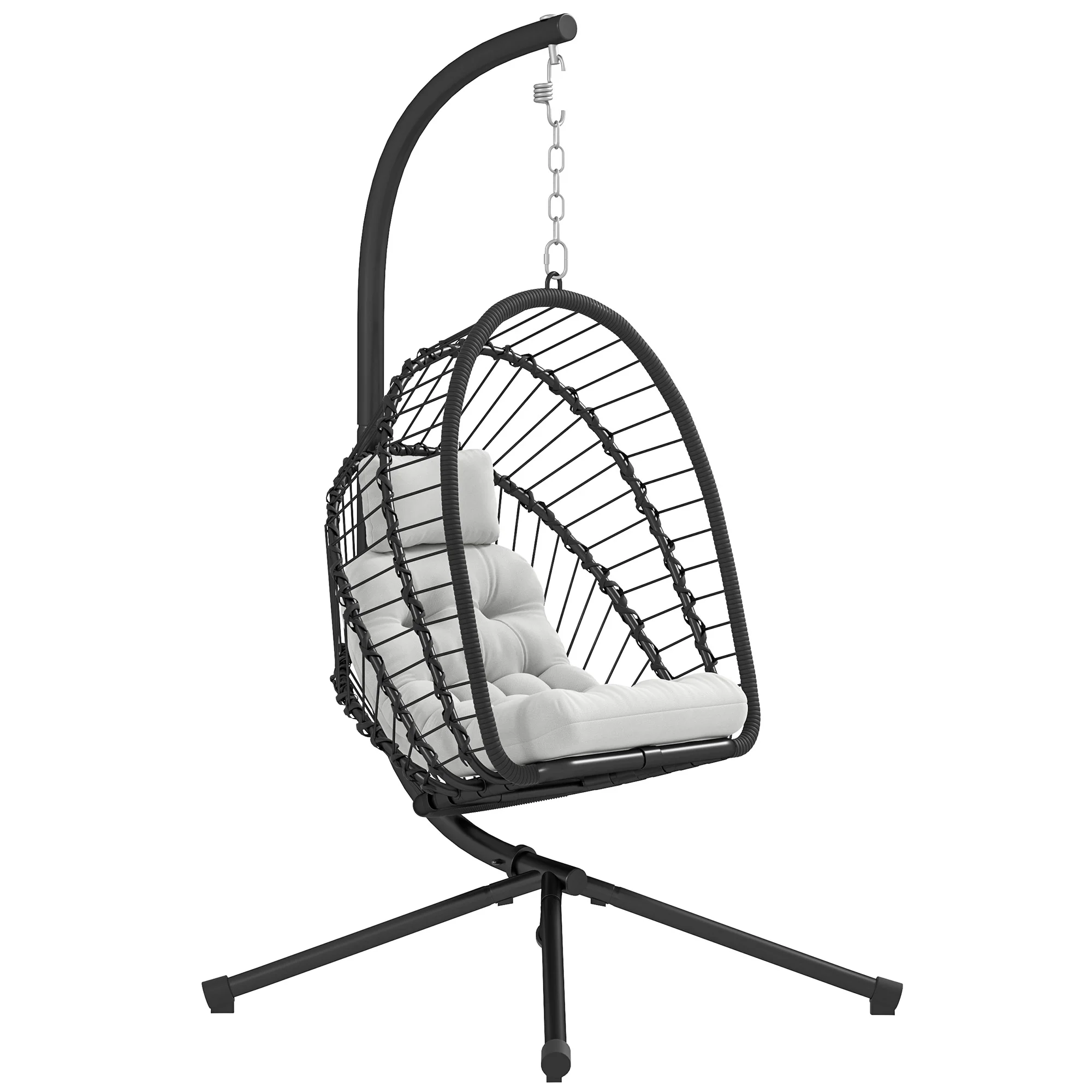 Foldable Rattan Hanging Egg Chair w/ Cushion, Headrest & Metal Stand for Patio, Black