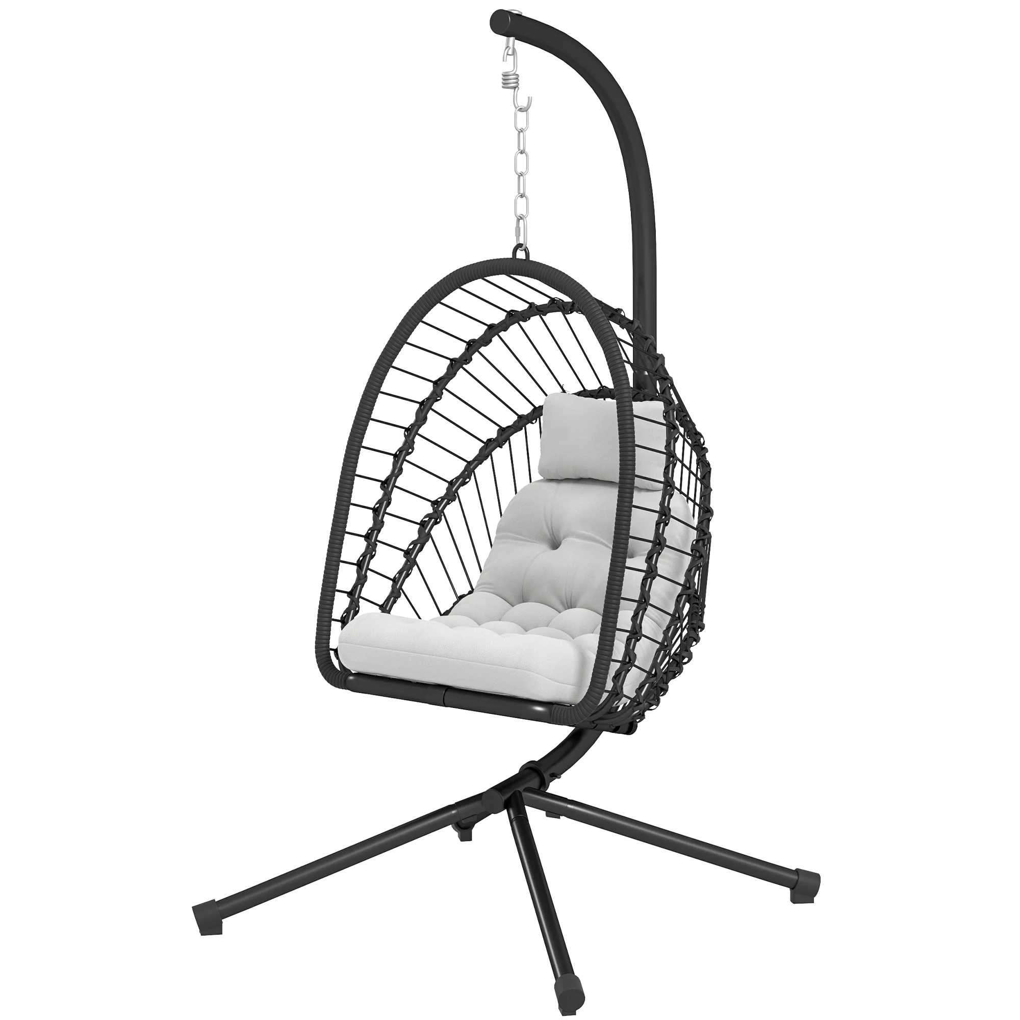 Foldable Rattan Hanging Egg Chair w/ Cushion, Headrest & Metal Stand for Patio, Black - Image 2
