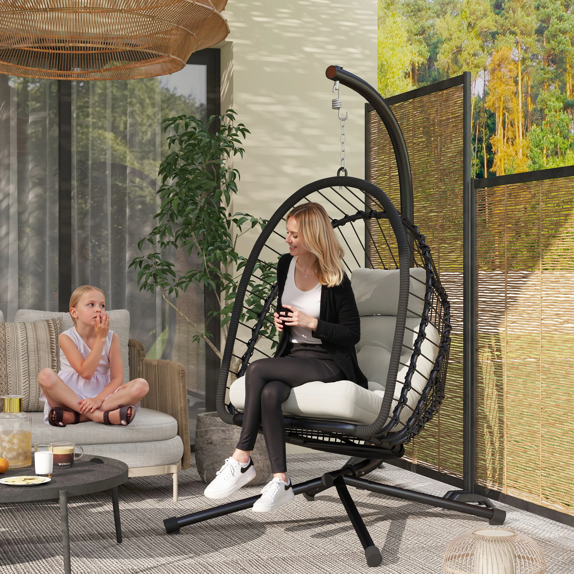 Foldable Rattan Hanging Egg Chair w/ Cushion, Headrest & Metal Stand for Patio, Black - Image 3