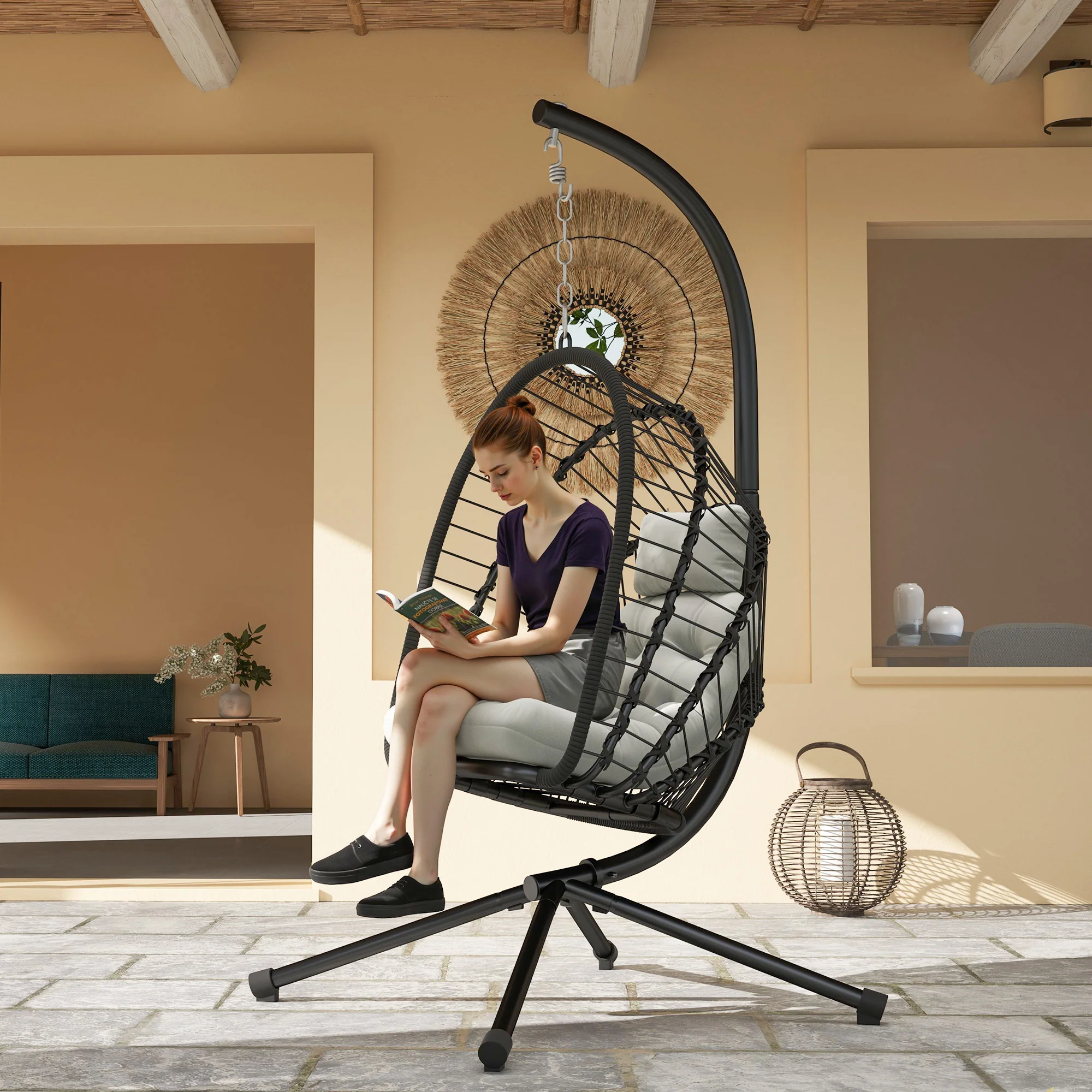 Foldable Rattan Hanging Egg Chair w/ Cushion, Headrest & Metal Stand for Patio, Black - Image 4